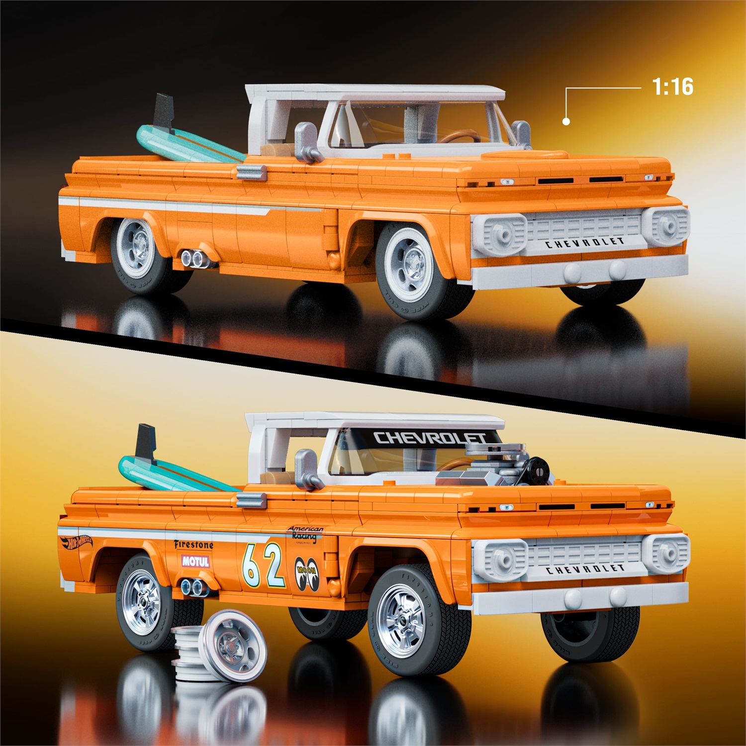 Mattel Hot Wheels Brick Shop - Set da Costruire Custom '62 Chevy Pickup, 858 Pezzi, Adesivi per Personalizzazione, Scala 1:16