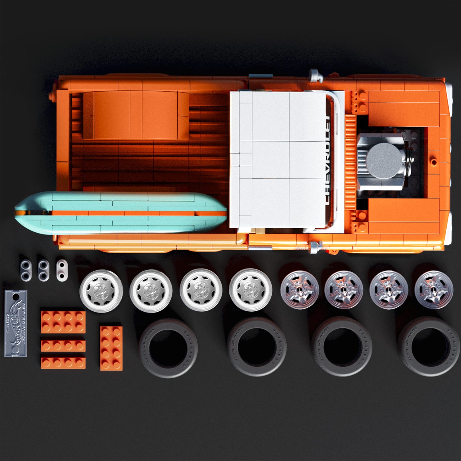 Mattel Hot Wheels Brick Shop - Set da Costruire Custom '62 Chevy Pickup, 858 Pezzi, Adesivi per Personalizzazione, Scala 1:16