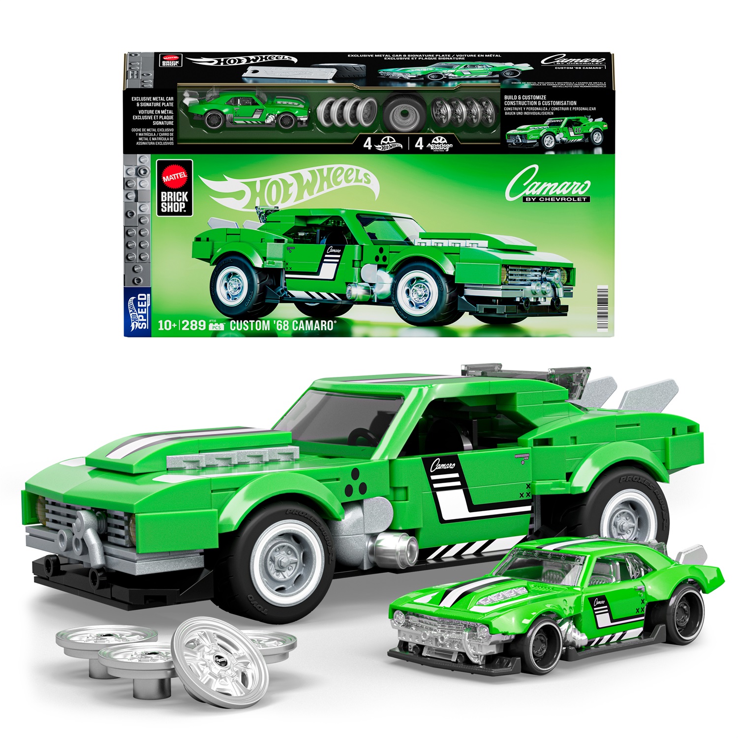 Mattel Brick Shop Custom '68 Camaro - Set da costruire con 289 pezzi, dettagli realistici e adesivi per personalizzazione, 10 anni