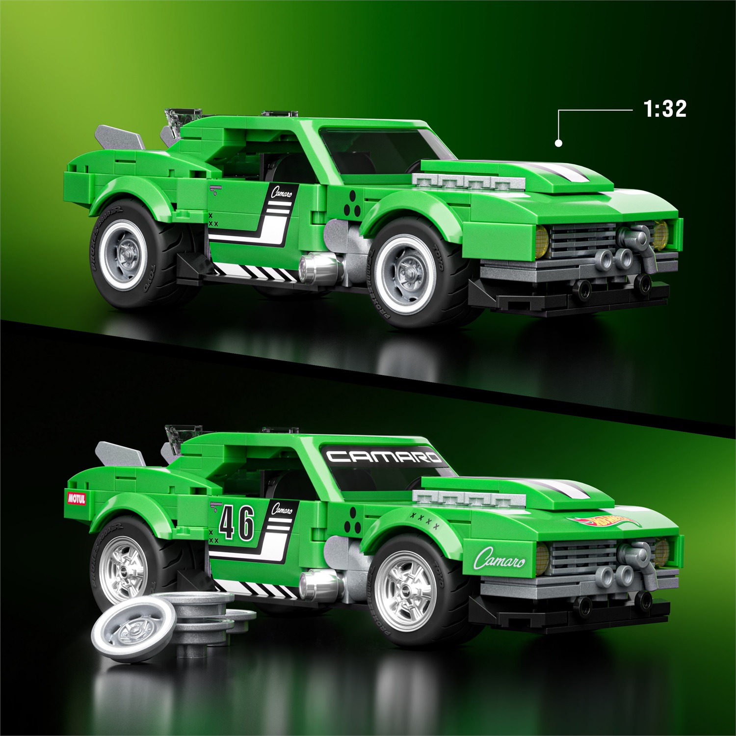 Mattel Brick Shop Custom '68 Camaro - Set da costruire con 289 pezzi, dettagli realistici e adesivi per personalizzazione, 10 anni