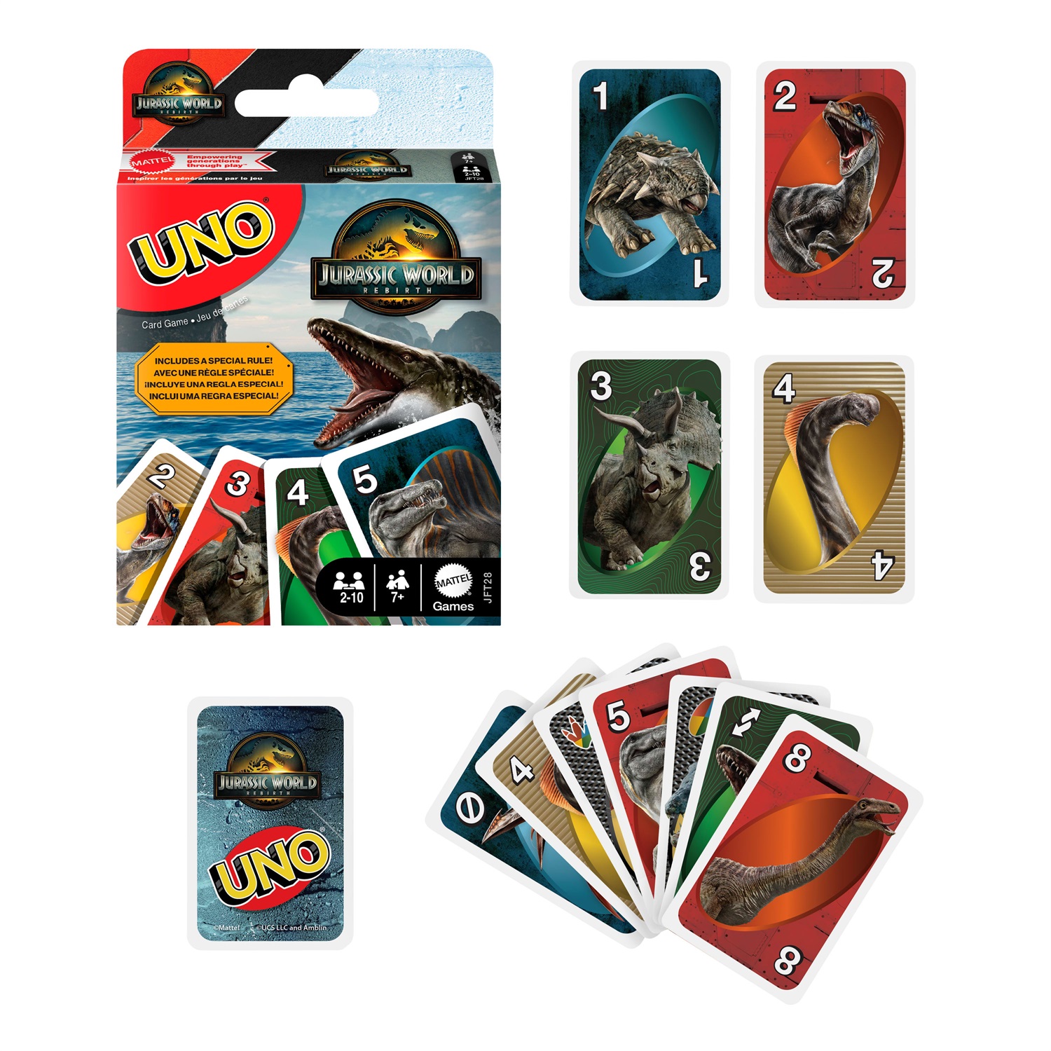 Mattel Games UNO Jurassic World La Rinascita - Gioco di carte con regole speciali e immagini ispirate al film per bambini e adulti