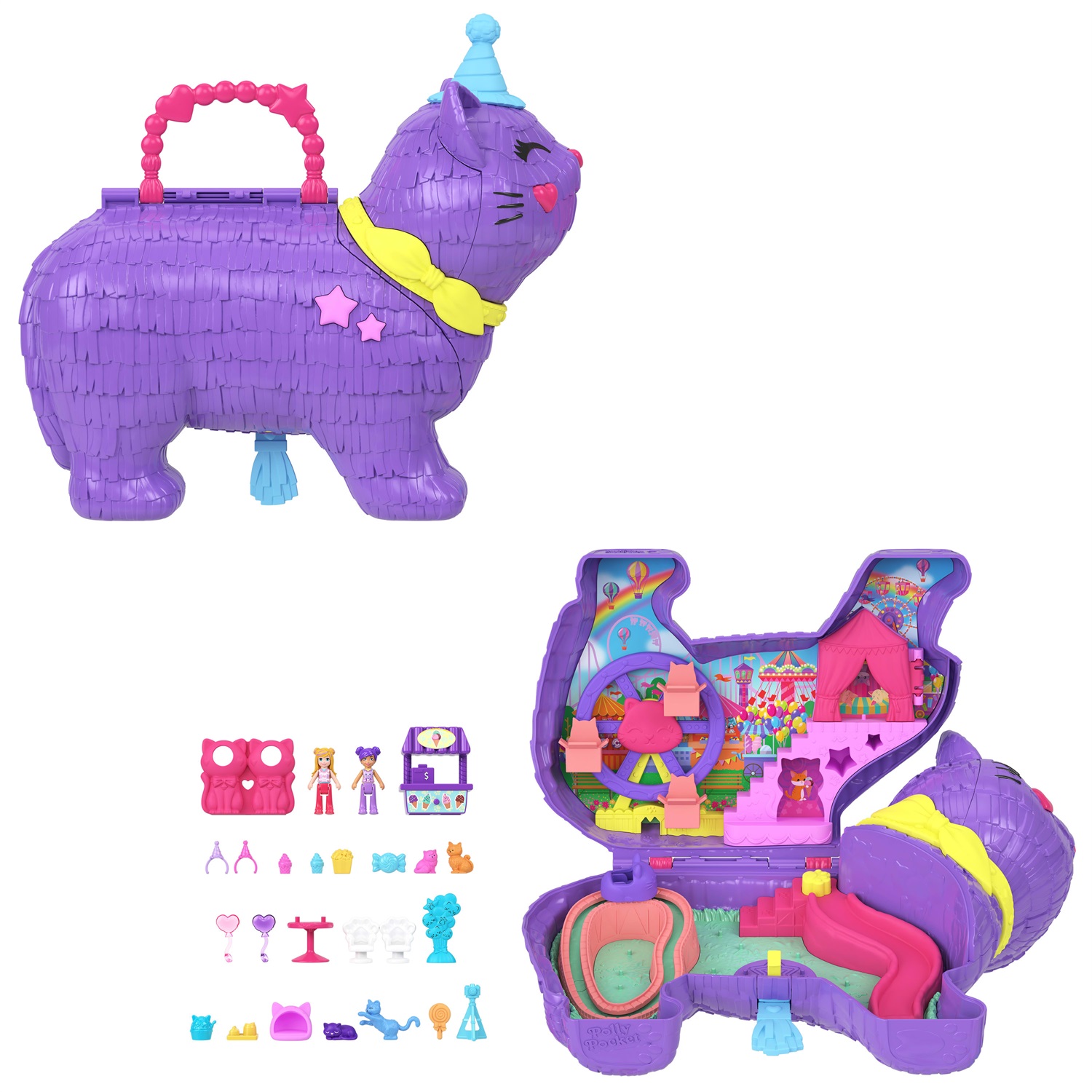 MATTEL Polly Pocket Gattino delle Feste - Set Pignatta con Ruota Panoramica, 2 Mini Bambole, Cuccioli e 23 Accessori a Sorpresa, Giocattolo per Bambini 4 Anni