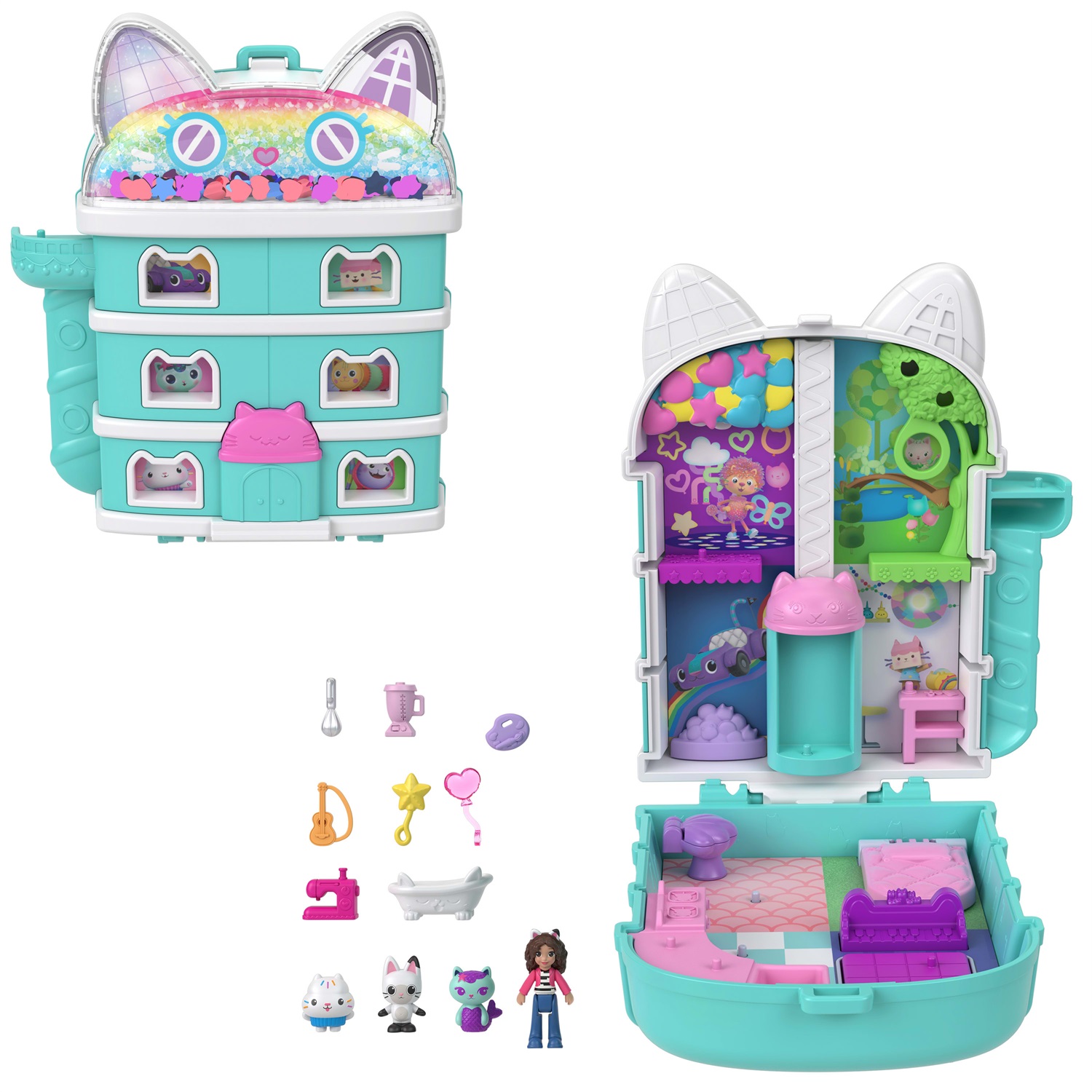 Polly Pocket - La Casa delle Bambole di Gabby, cofanetto con mini Gabby e 9 accessori, include gattini Pandy Panda, Dolcetto e Siregatta, giocattolo per bambini 4 anni, JFV02