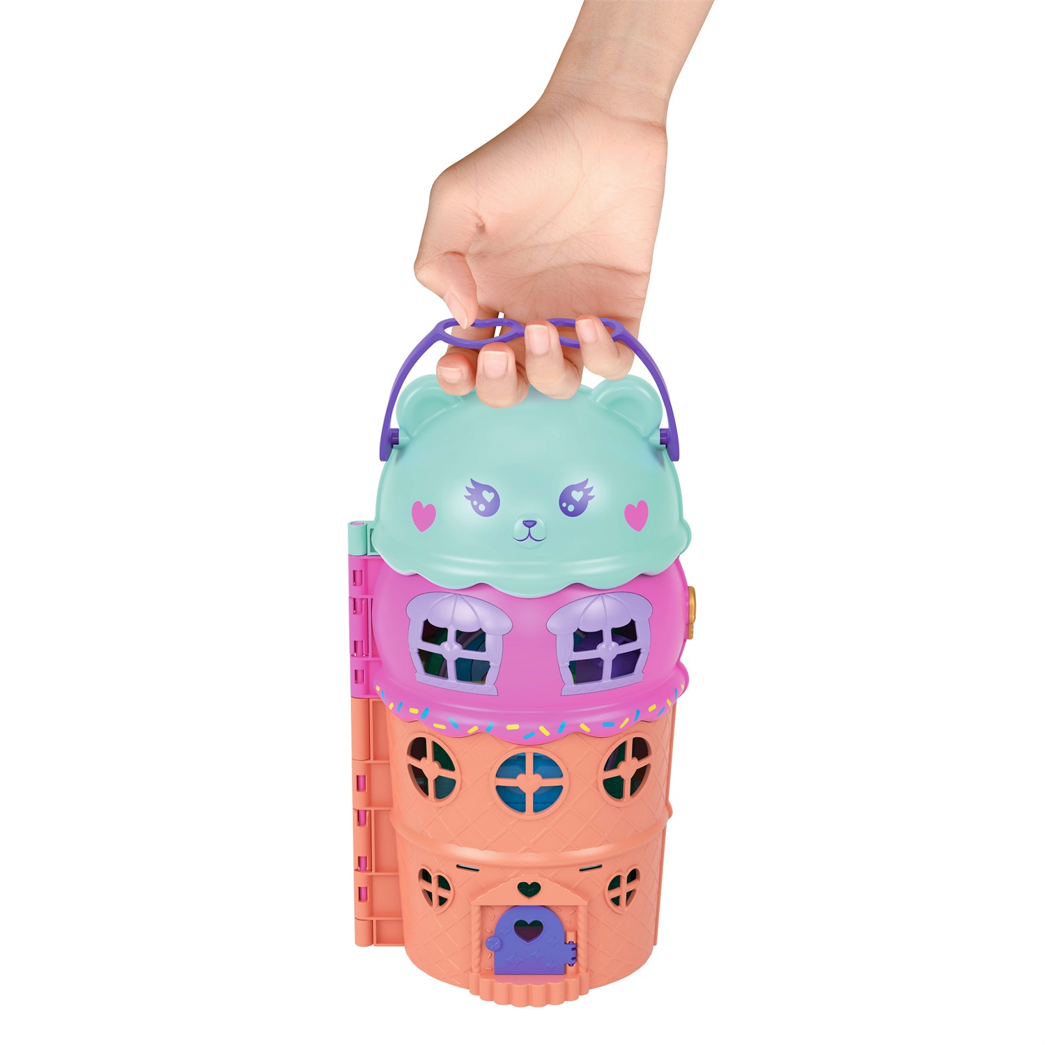Mattel Polly Pocket Casetta Gelato - Set Gioco con 2 Mini Bambole, 30 Accessori e Design Compatto a Forma di Cono Gelato