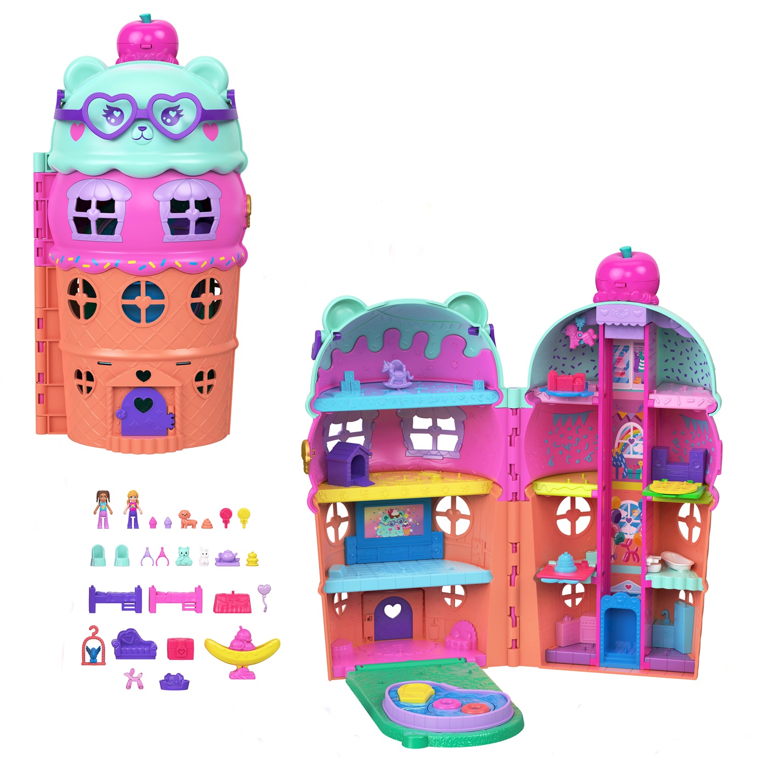 Mattel Polly Pocket Casetta Gelato - Set Gioco con 2 Mini Bambole, 30 Accessori e Design Compatto a Forma di Cono Gelato