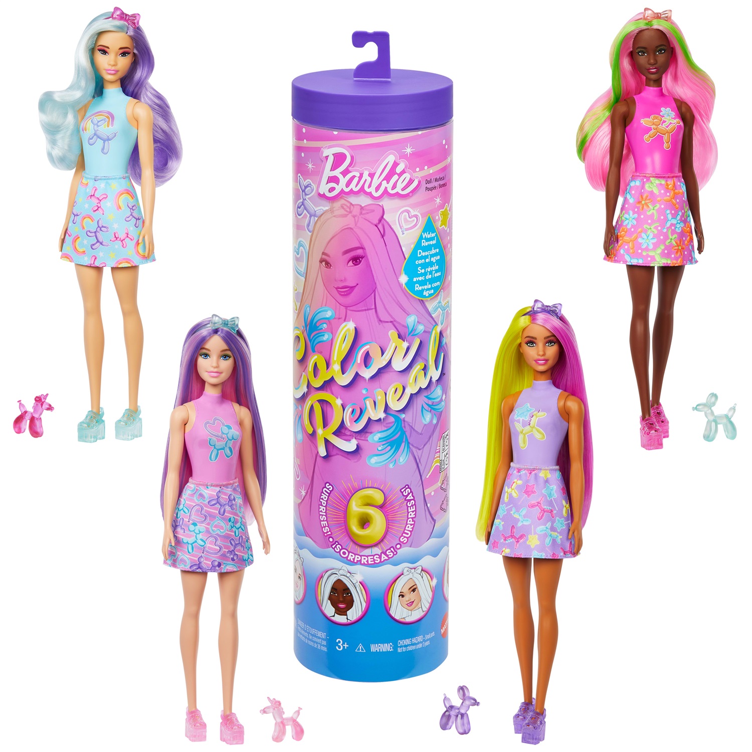 Barbie Color Reveal Serie Baloon Animals - Bambola Effetto Cambia Colore con 6 Accessori a Sorpresa e Mini Palloncino a Forma di Animale, Giocattolo per Bambini 3 Anni, JFV58
