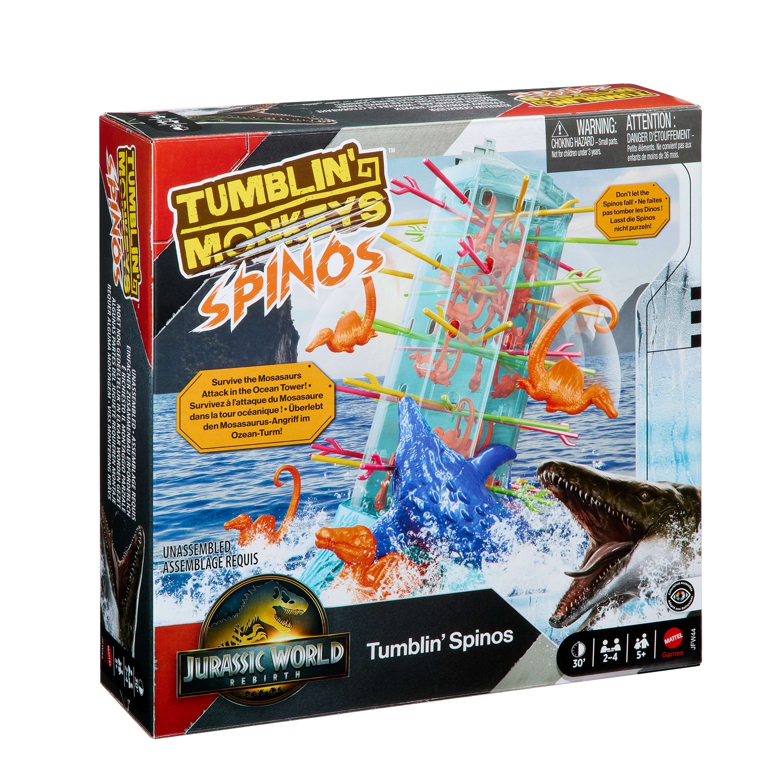 Mattel Games Salve le Scimmie Jurassic World La Rinascita - Gioco da Tavolo per Bambini con Torre Oceanica e Spinosauri