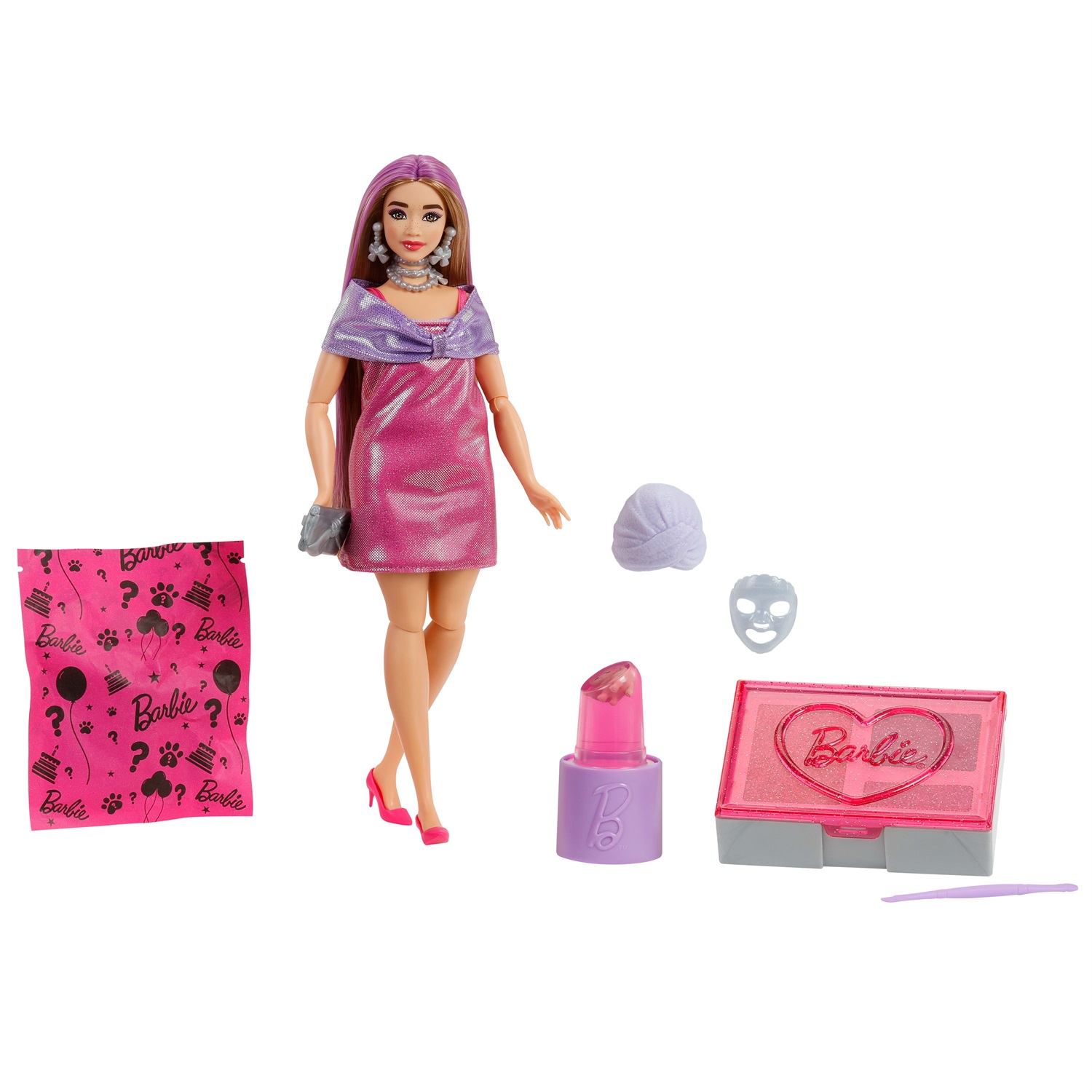 Barbie Party Surprise rosa brillante - Bambola serie Festa Glamour con 10 accessori a sorpresa ed effetto cambia colore, giocattolo per bambini 3 anni, JFY67