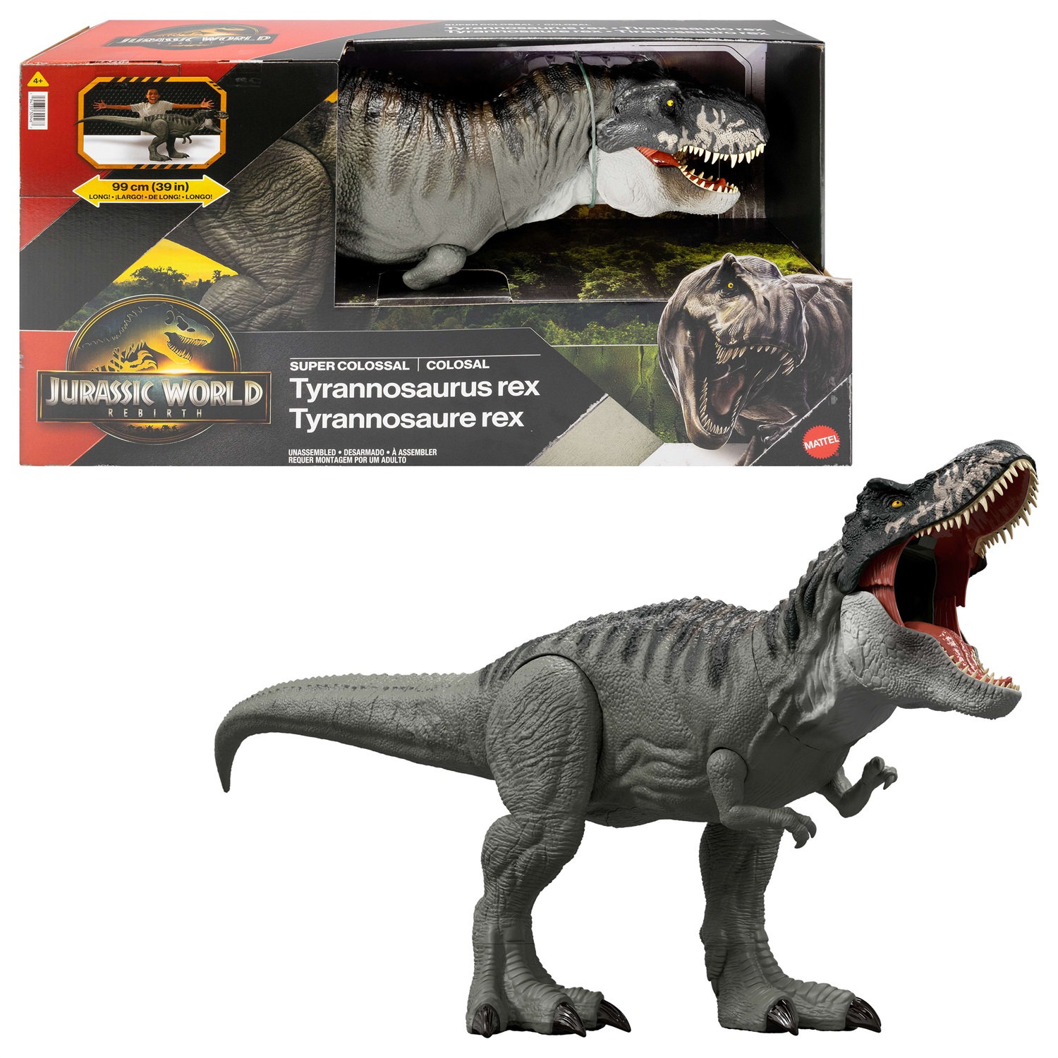 Mattel T-Rex Super Colossale - Action Figure Snodata da 99 cm con 2 Mosse d'Attacco, Ispirata a Jurassic World La Rinascita