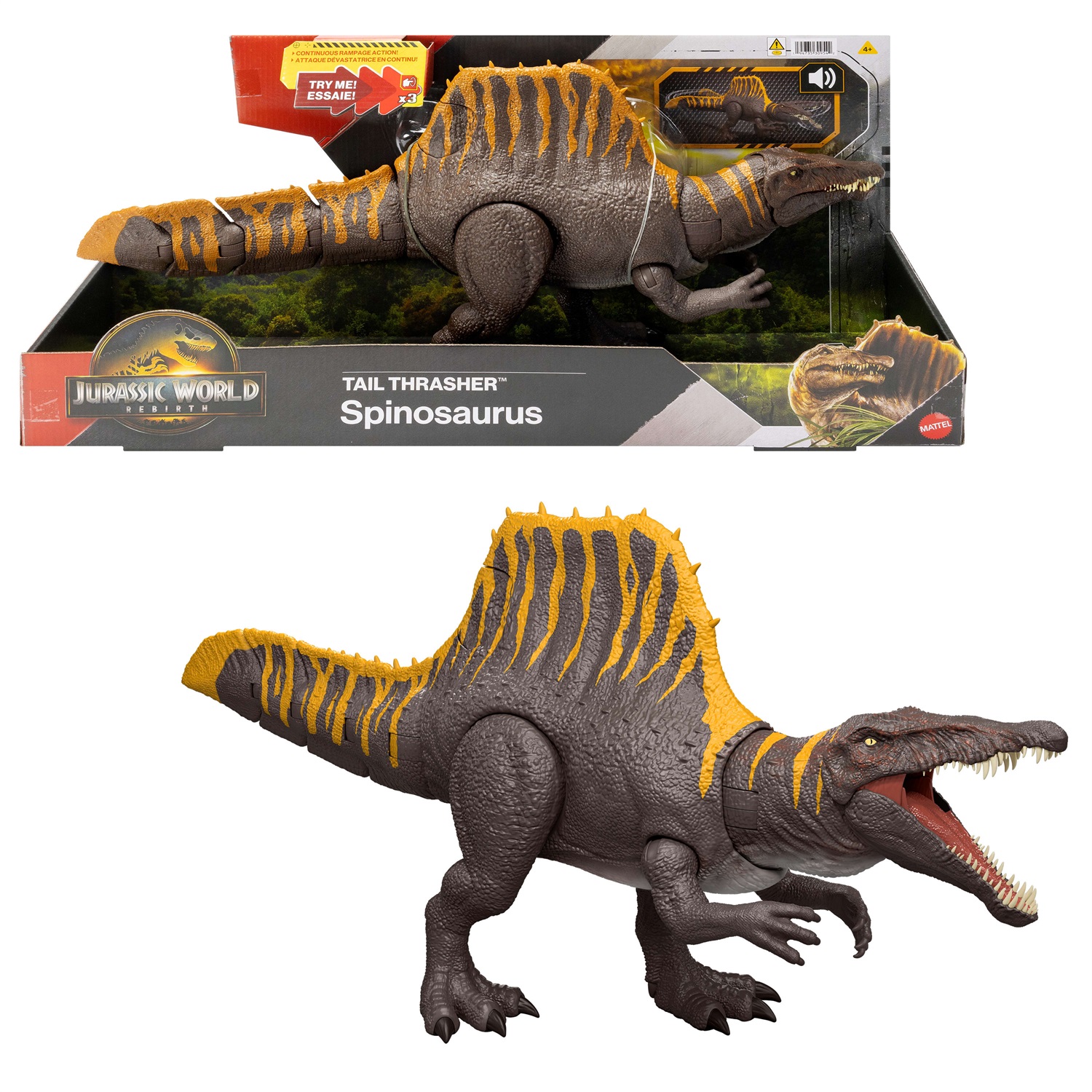 Mattel Jurassic World Rebirth Spinosauro Coda Letale - Action Figure Snodabile con Doppio Attacco e Ruggito Sonoro