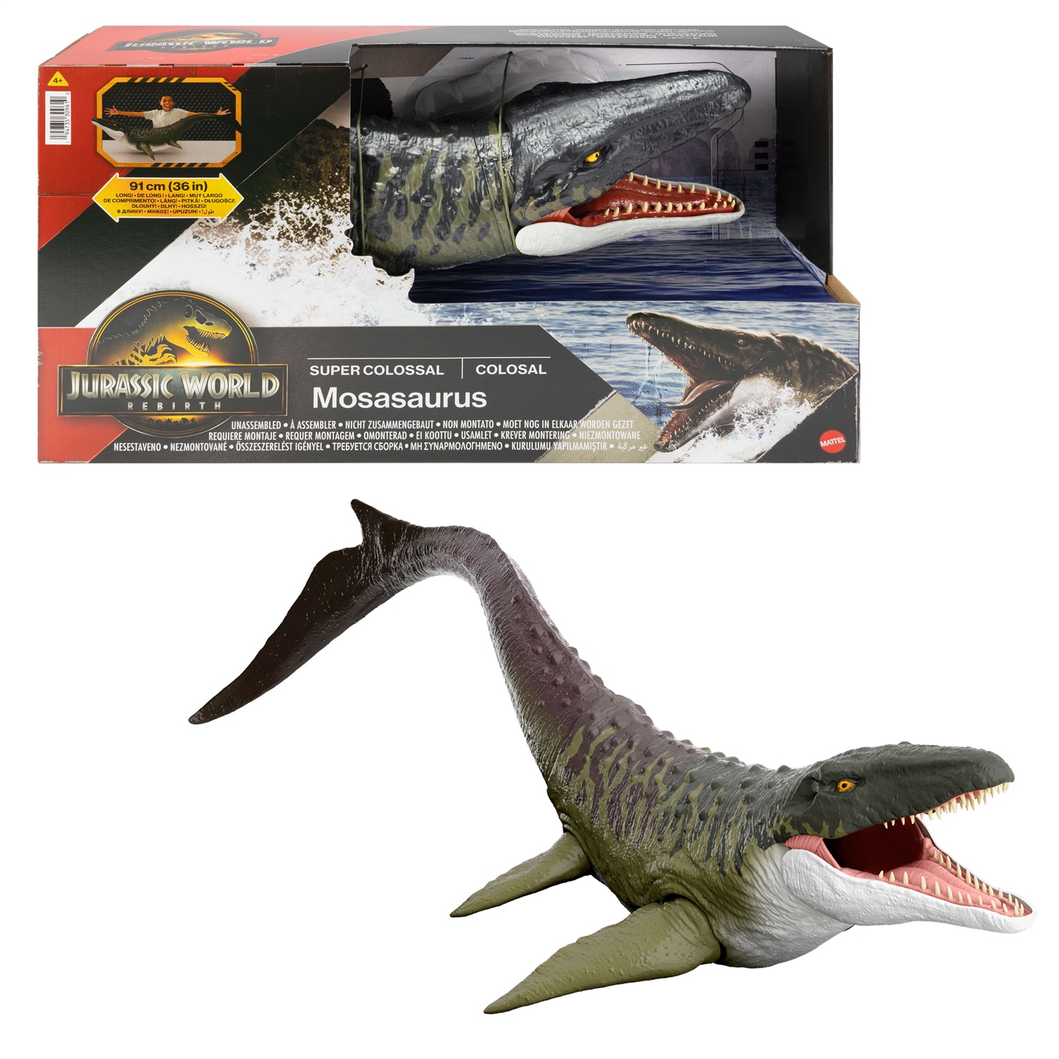 Mattel Jurassic World Rebirth - Mosasauro Supercolossale, action figure snodata di 94 cm con due mosse d'attacco, design fedele al film, giocattolo per bambini 4 anni