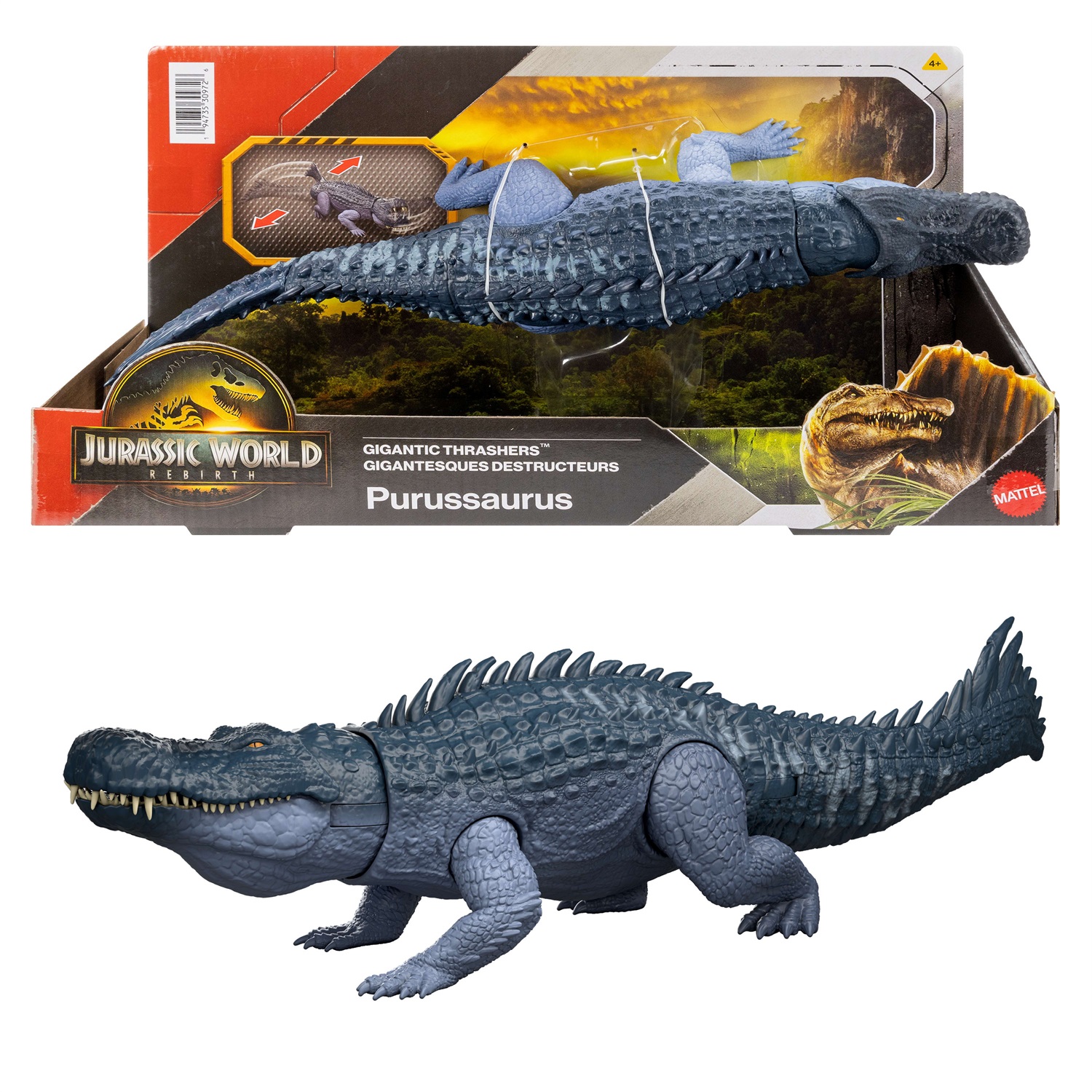 Mattel Jurassic World JGB94 Action Figure Purussaurus - Dinosauro Gigante con 2 Attacchi Furiosi