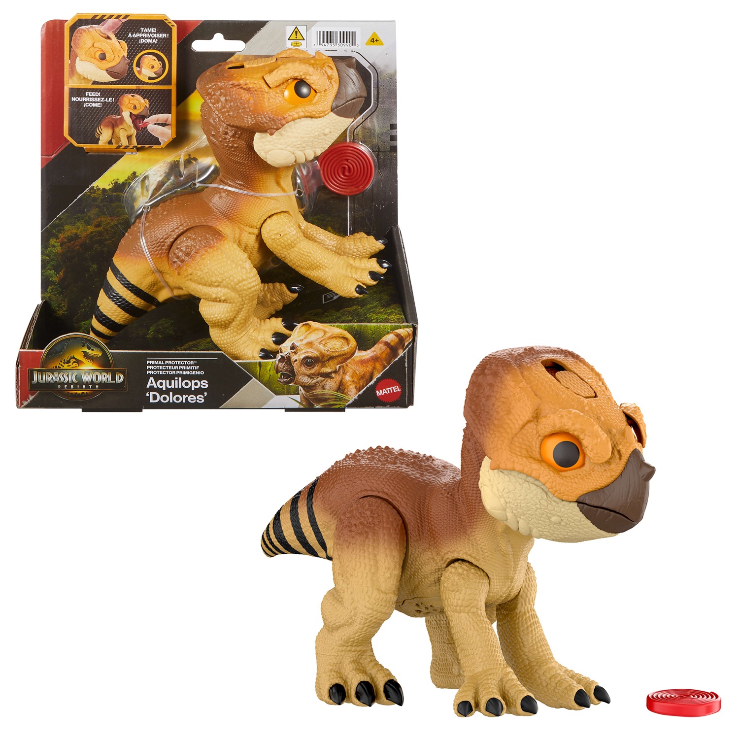 Mattel Jurassic World La Rinascita Primal Protector Aquilops Dolores - Action Figure Elettronica Interattiva con Suoni e Azione d'Attacco