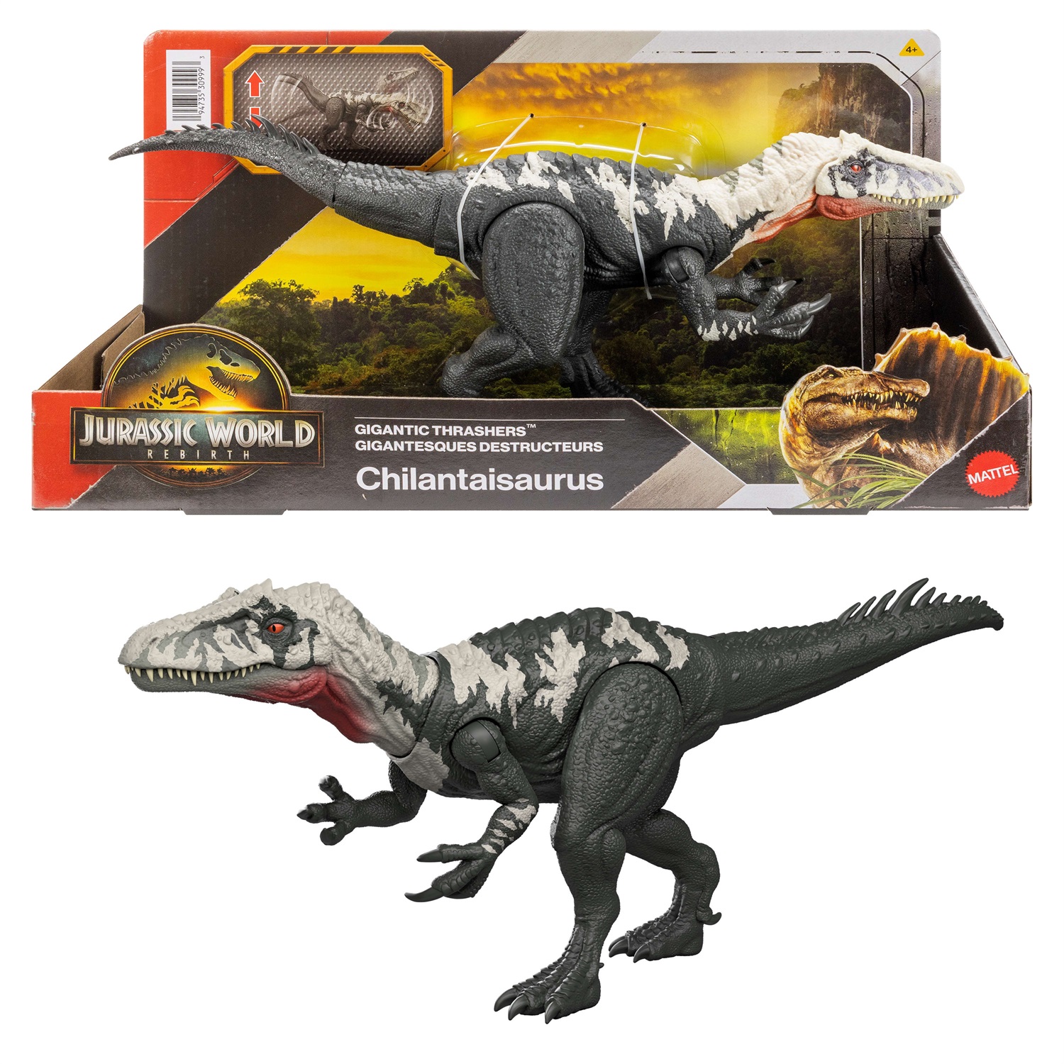 Mattel Jurassic World La Rinascita Chilantaisaurus - Action Figure Giocattolo di Grandi Dimensioni con 2 Attacchi Furiosi e Gioco Digitale