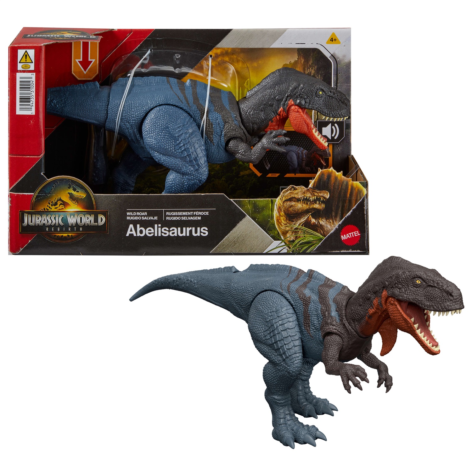 Mattel Jurassic World La Rinascita Abelisauro Ruggito Selvaggio - Dinosauro Giocattolo Snodato con Morso Multidirezionale e Suoni, JGB91