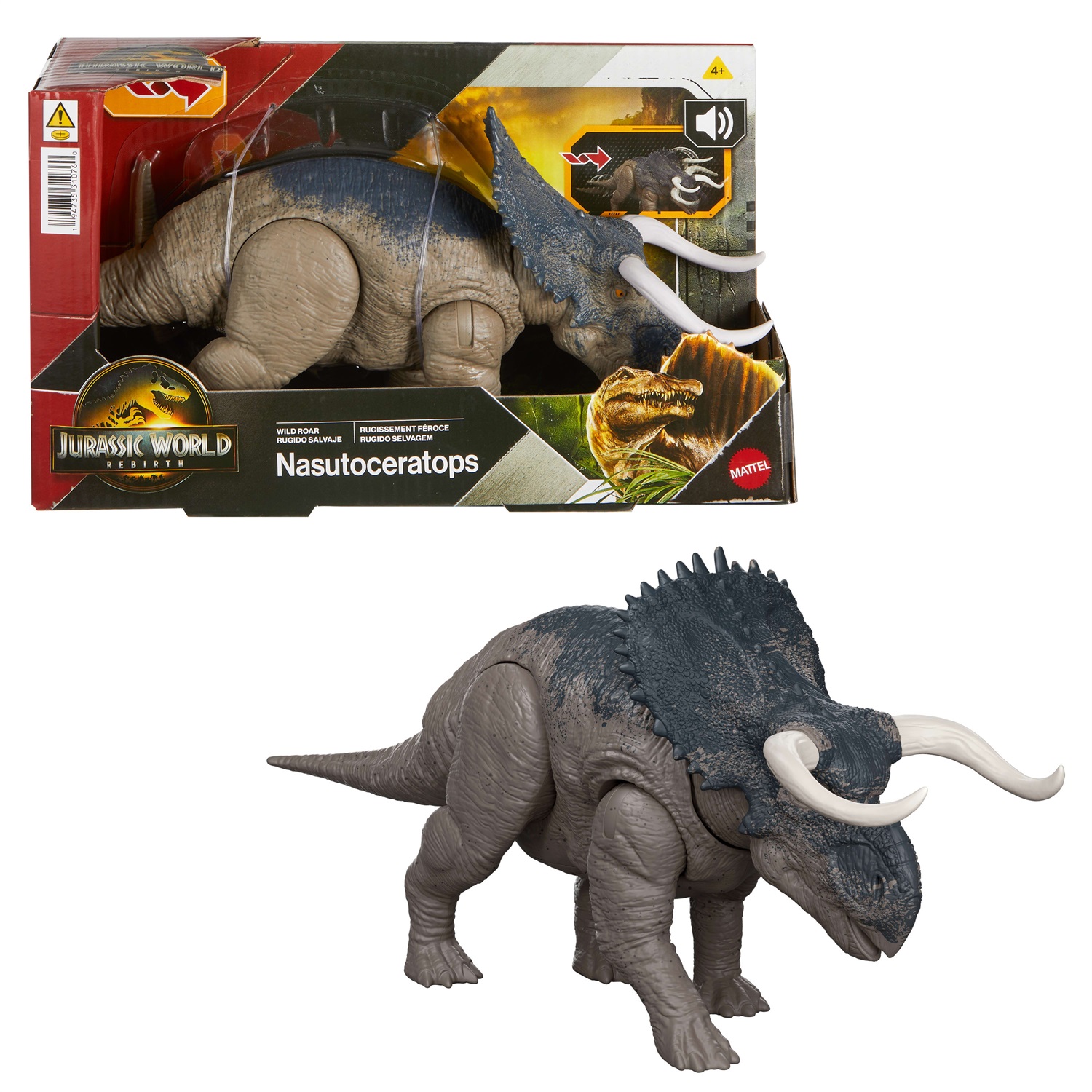 Mattel Jurassic World Nasutoceratopo Ruggito Selvaggio 30 cm - Dinosauro Giocattolo Snodato con Suoni e Attacco Multidirezionale