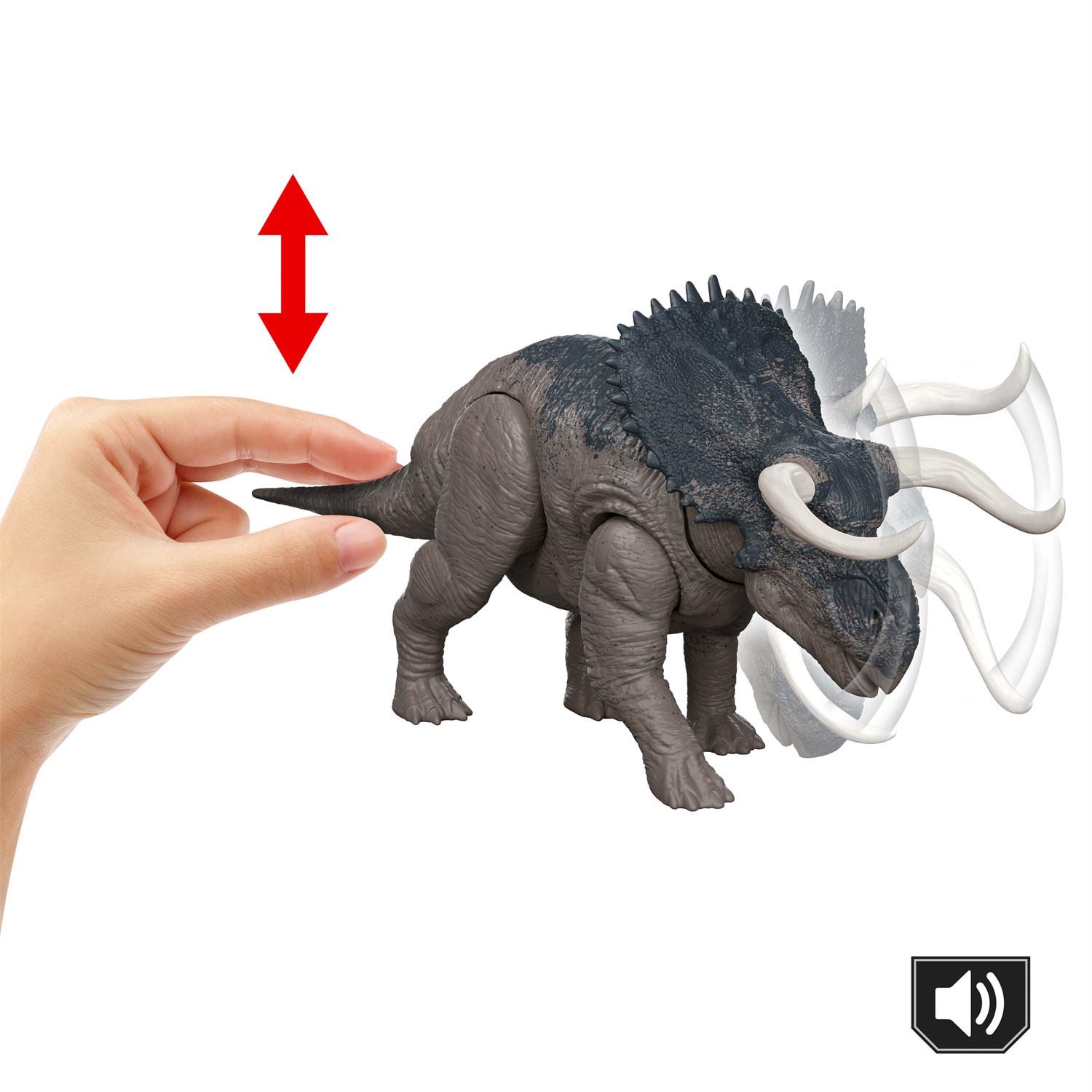 Mattel Jurassic World Nasutoceratopo Ruggito Selvaggio 30 cm - Dinosauro Giocattolo Snodato con Suoni e Attacco Multidirezionale