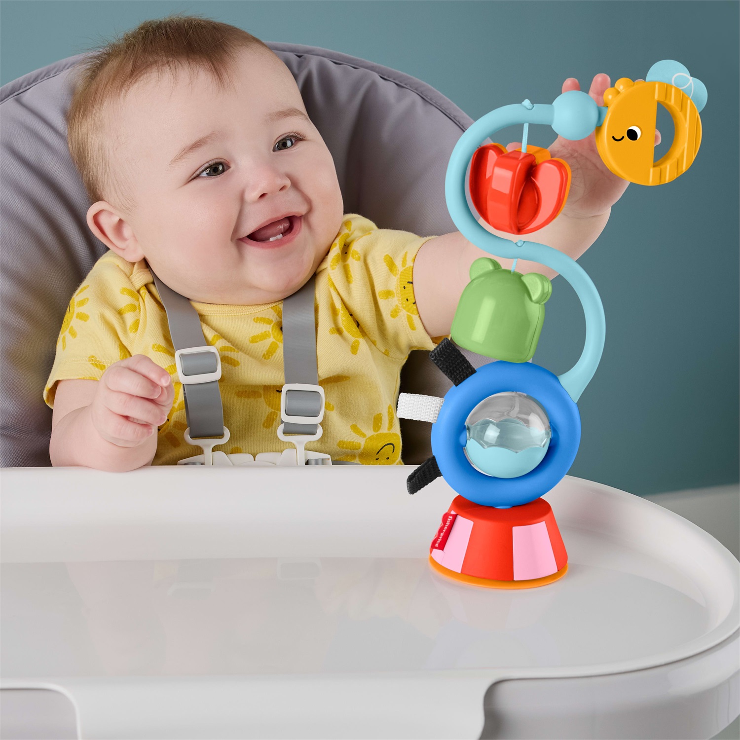 Fisher-Price - Giocattolo da seggiolone con ventosa, suoni sensoriali e tasti a contrasto per stimolare l'esplorazione tattile, 3 mesi