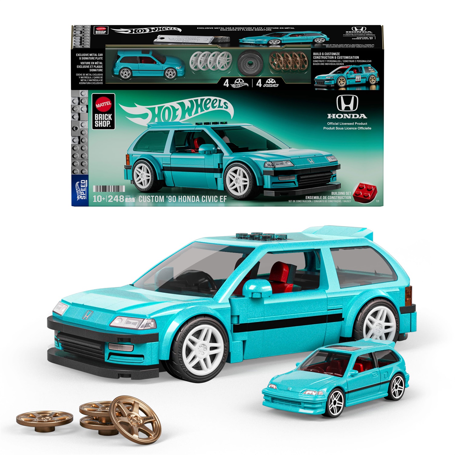 Mattel Brick Shop Custom '90 Honda Civic EF - Set da costruire 1:32 con 248 pezzi, dettagli realistici e adesivi personalizzabili