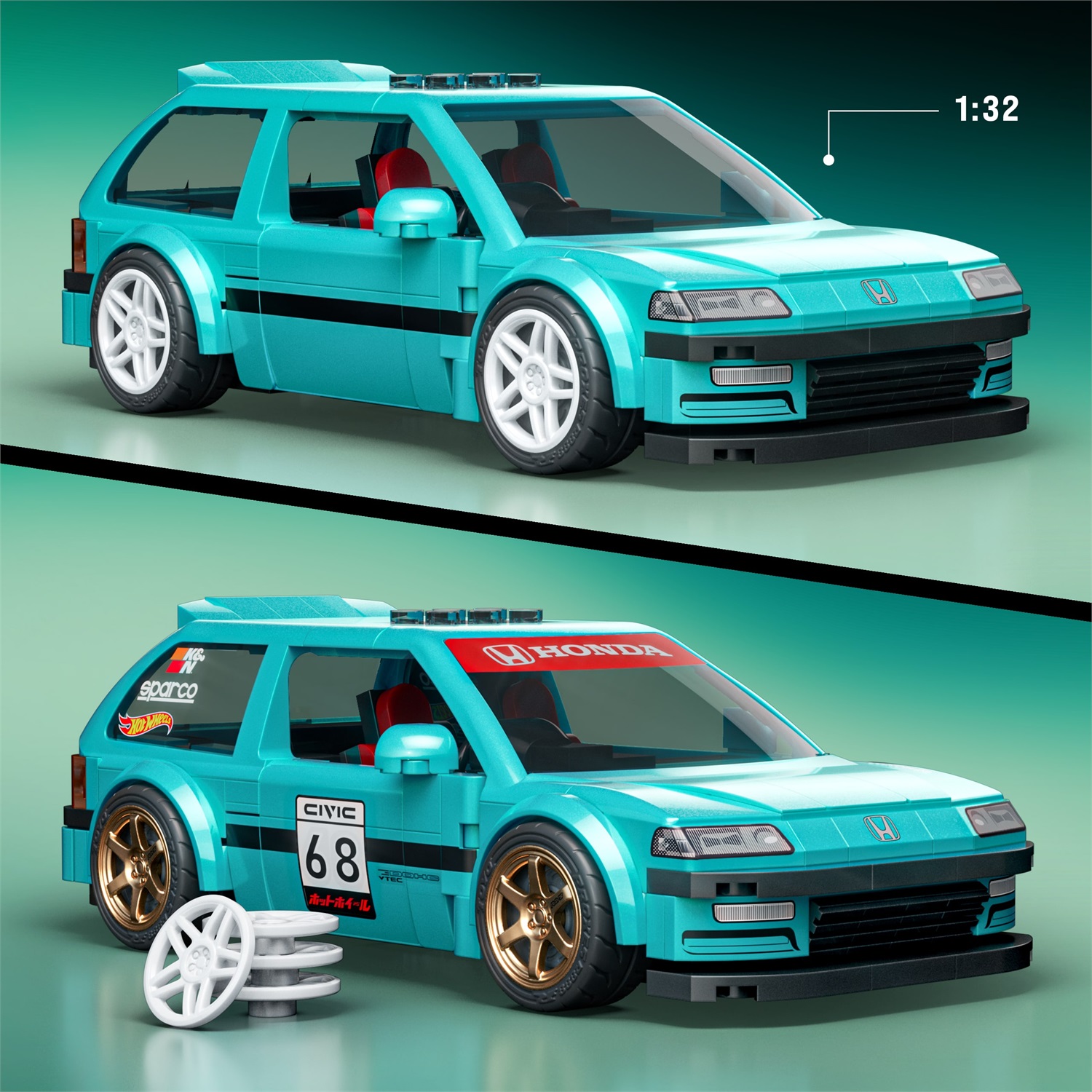 Mattel Brick Shop Custom '90 Honda Civic EF - Set da costruire 1:32 con 248 pezzi, dettagli realistici e adesivi personalizzabili