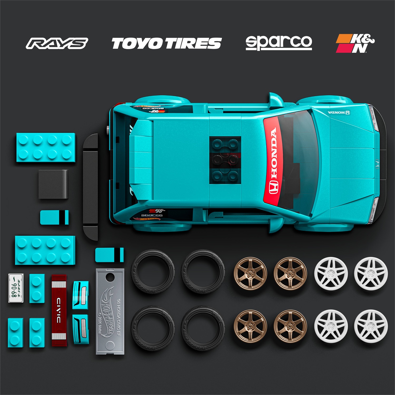 Mattel Brick Shop Custom '90 Honda Civic EF - Set da costruire 1:32 con 248 pezzi, dettagli realistici e adesivi personalizzabili