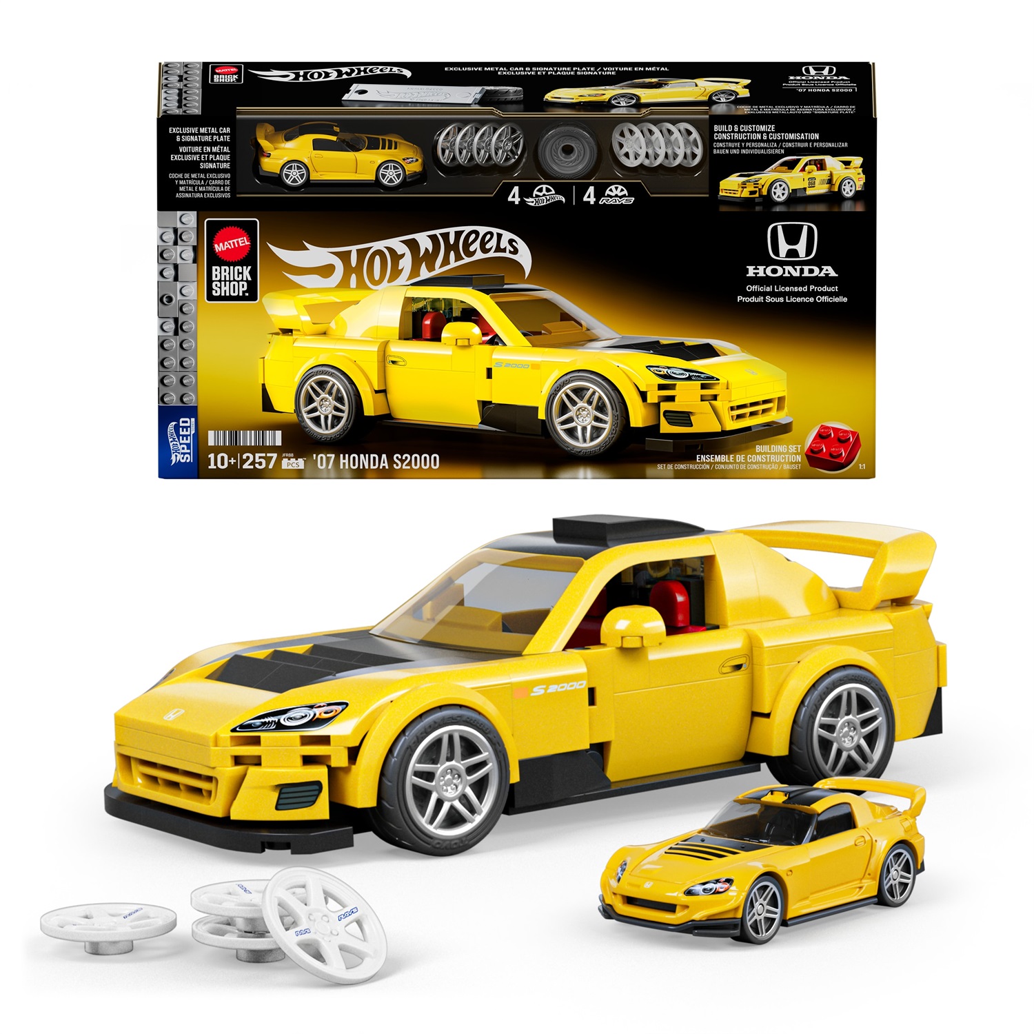 Mattel Brick Shop Hot Wheels - Set da costruire '07 Honda S2000 con 257 pezzi, dettagli realistici e adesivi per personalizzazione, 10 anni