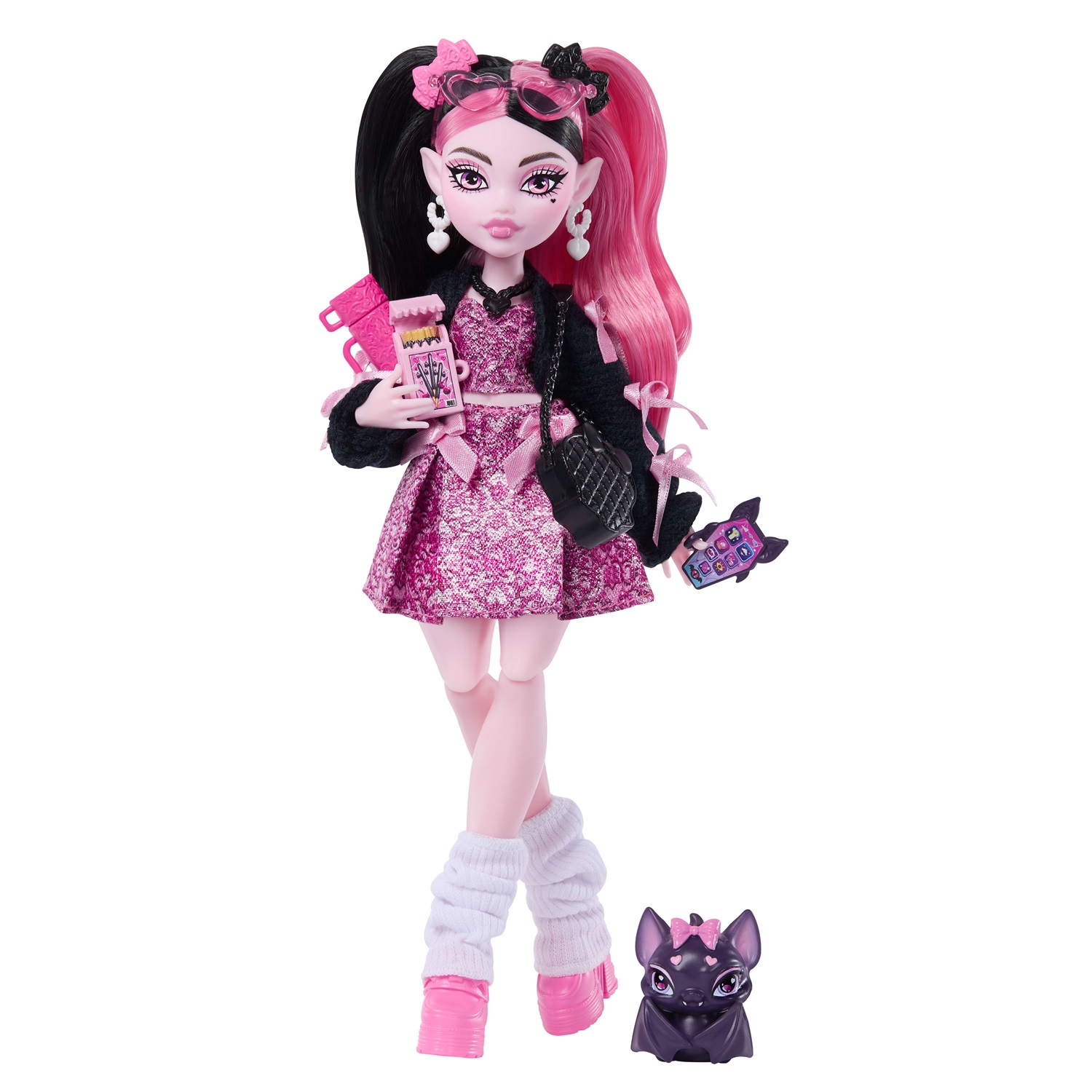 Monster High - Draculaura, bambola con abito rosa, cardigan nero e 7 accessori inclusi per bambini dai 4 anni