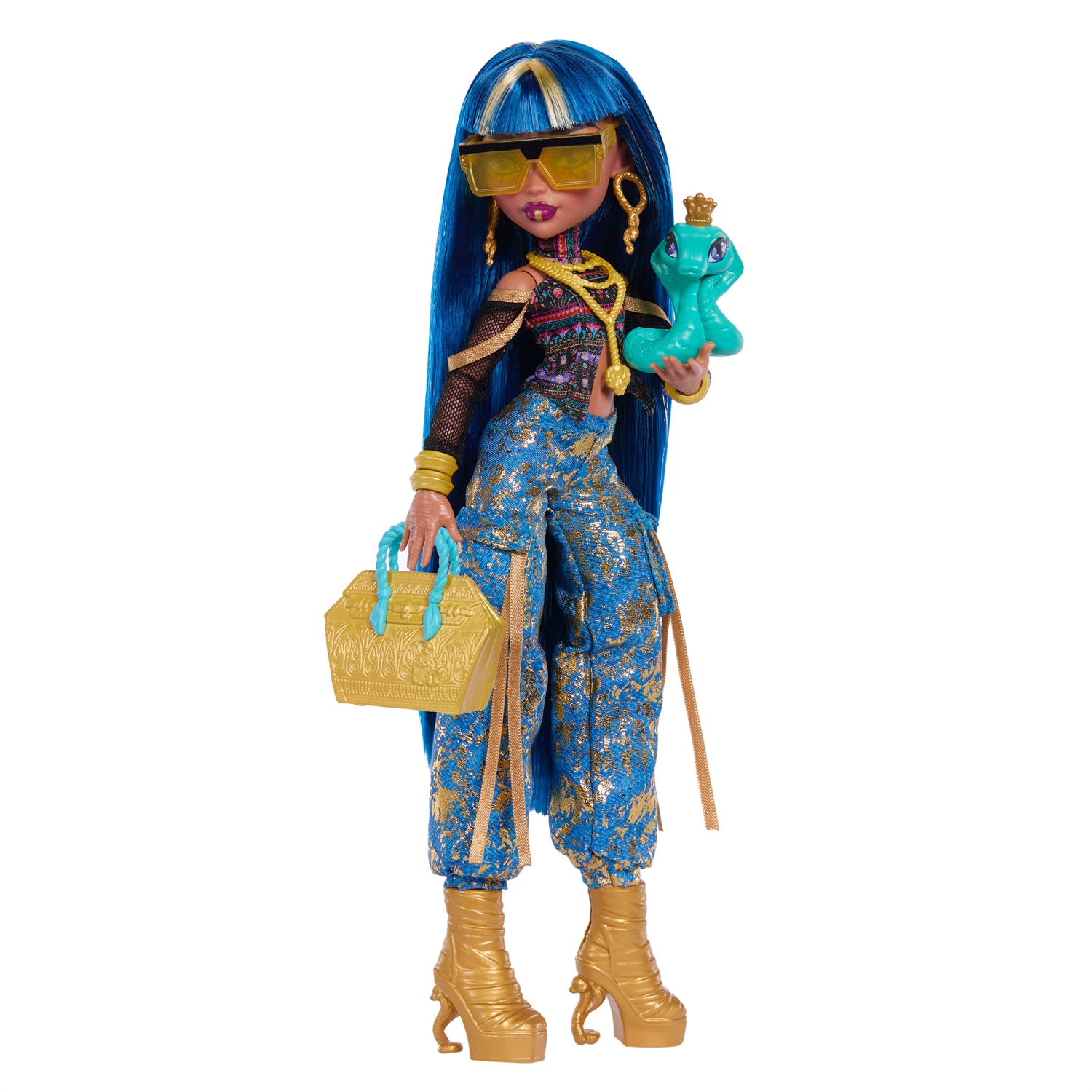 Monster High - Cleo De Nile, bambola con top a fiori, pantaloni cargo in denim dorato e 7 accessori inclusi