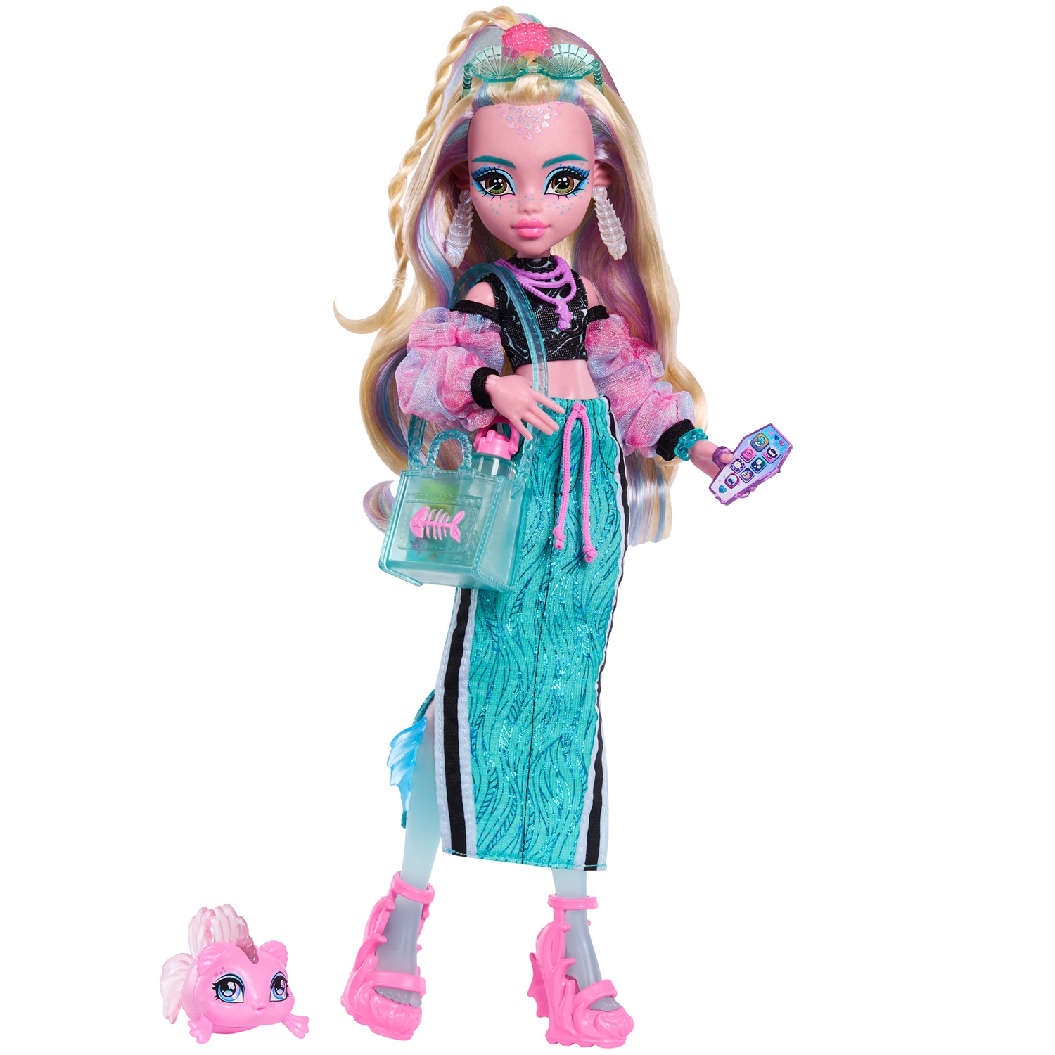 Monster High Lagoona Blue - Bambola con Top Corto, Maxi Gonna Sportiva e 7 Accessori Inclusi