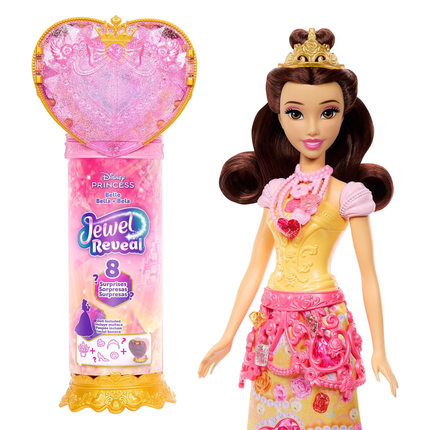 Mattel Disney Princess: Bambola Belle Jewel Reveal con 9 accessori a sorpresa e portagioie a forma di cuore