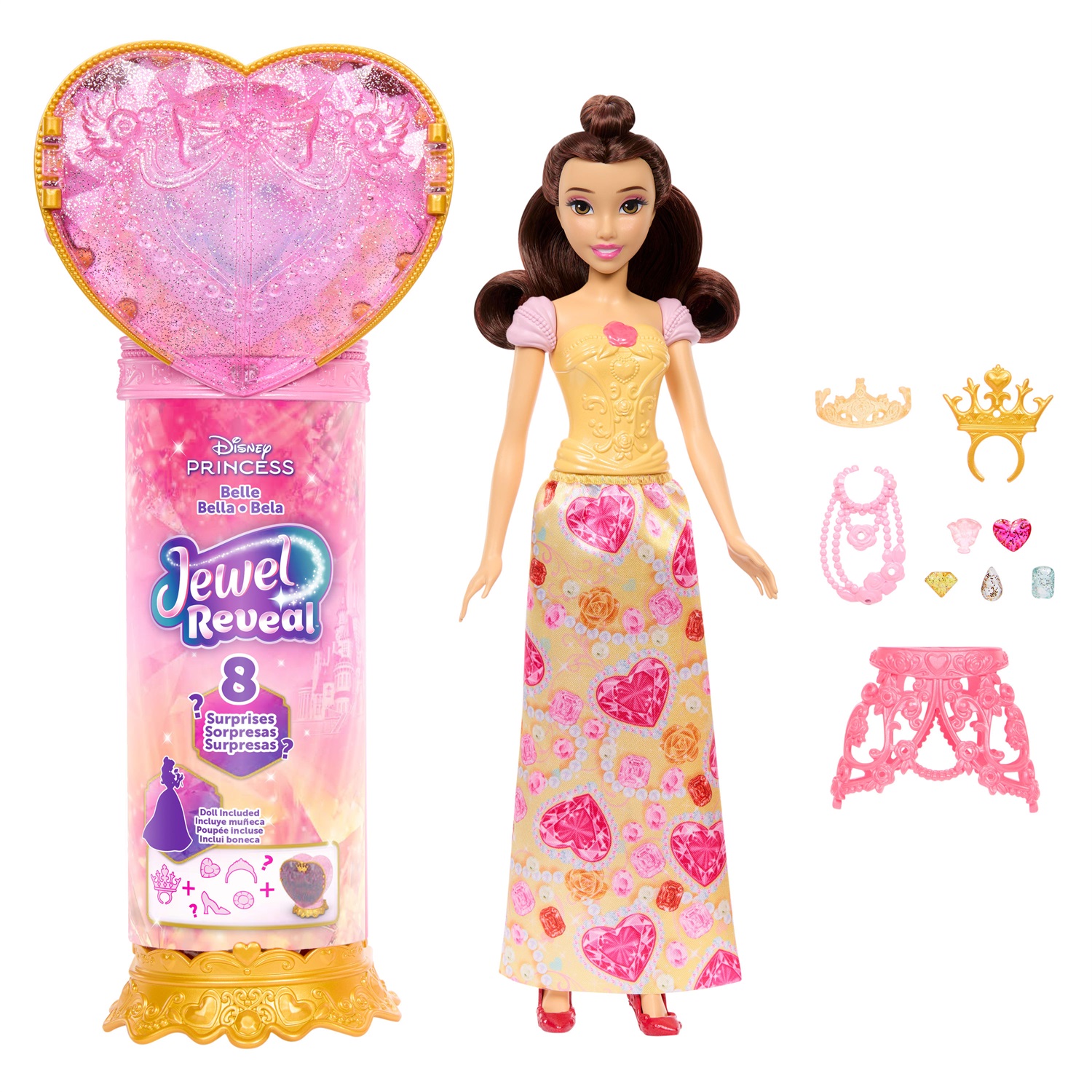 Mattel Disney Princess: Bambola Belle Jewel Reveal con 9 accessori a sorpresa e portagioie a forma di cuore
