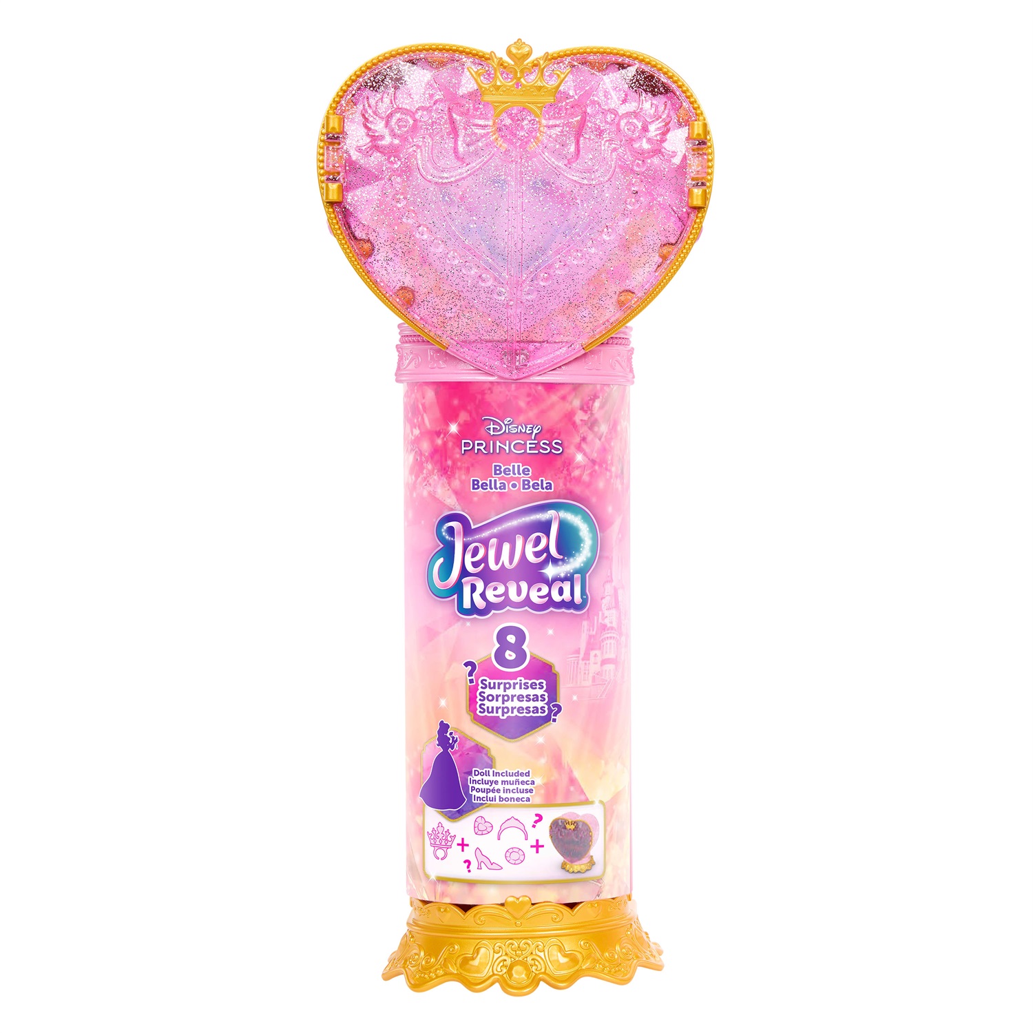 Mattel Disney Princess: Bambola Belle Jewel Reveal con 9 accessori a sorpresa e portagioie a forma di cuore