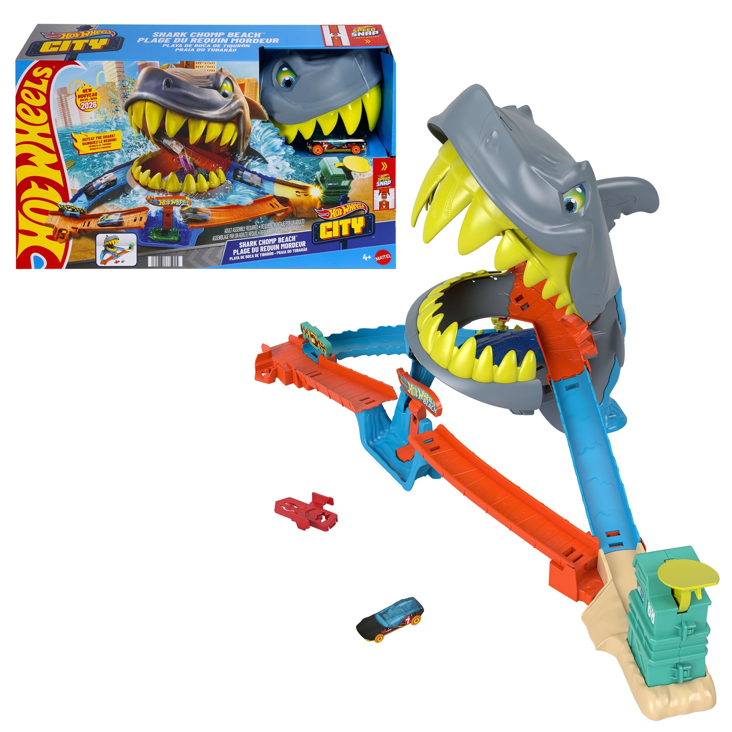 Hot Wheels Squalo Scontri in Spiaggia - Pista con Speed Snap, Veicolo Incluso e Lanciatore per Acrobazie, Adatto per Bambini 4