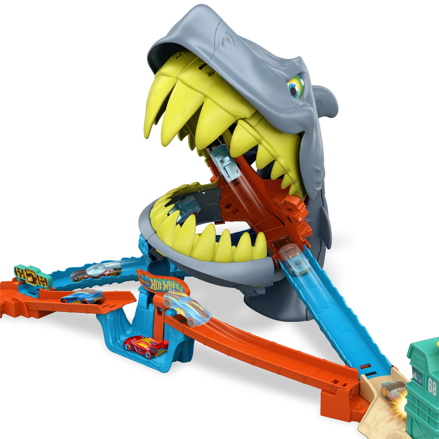 Hot Wheels Squalo Scontri in Spiaggia - Pista con Speed Snap, Veicolo Incluso e Lanciatore per Acrobazie, Adatto per Bambini 4