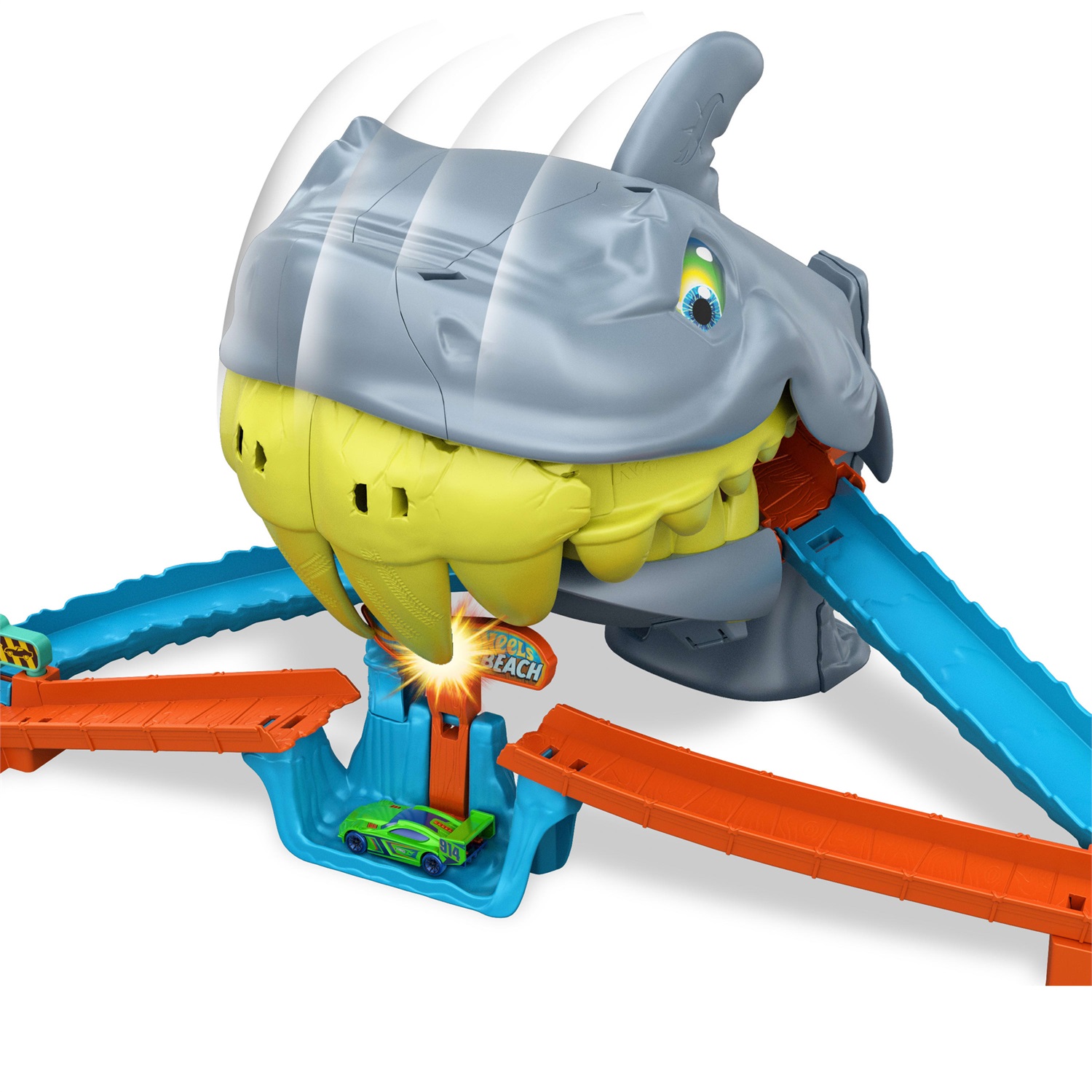 Hot Wheels Squalo Scontri in Spiaggia - Pista con Speed Snap, Veicolo Incluso e Lanciatore per Acrobazie, Adatto per Bambini 4