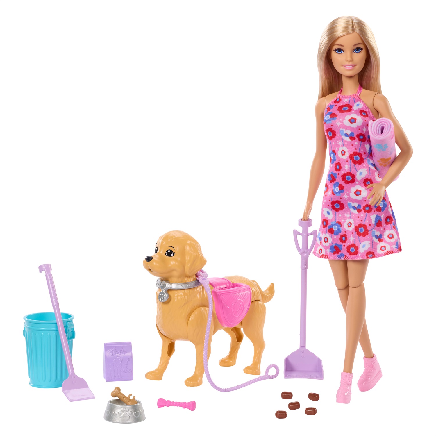 Barbie - Set Cagnolina Cammina e Fa i Bisogni con Bambola Bionda Malibu e Accessori per Passeggiata, Giocattolo per Bambini 3 Anni