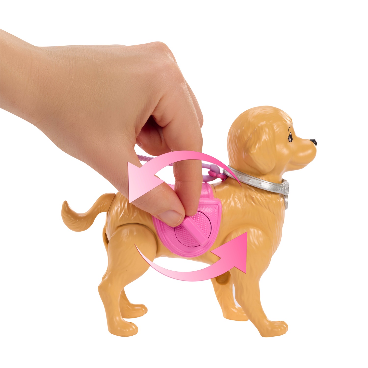 Barbie - Set Cagnolina Cammina e Fa i Bisogni con Bambola Bionda Malibu e Accessori per Passeggiata, Giocattolo per Bambini 3 Anni