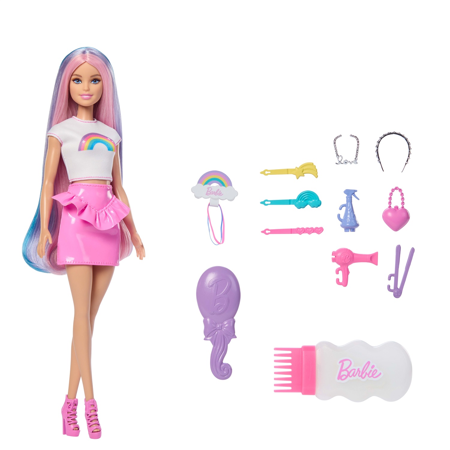 Barbie - Bambola Capelli Arcobaleno con 12 Accessori per Styling e Glitter
