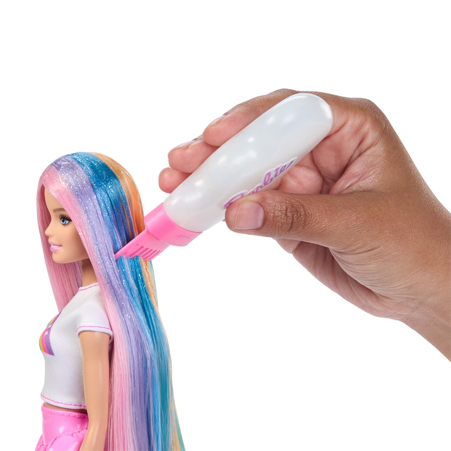Barbie - Bambola Capelli Arcobaleno con 12 Accessori per Styling e Glitter