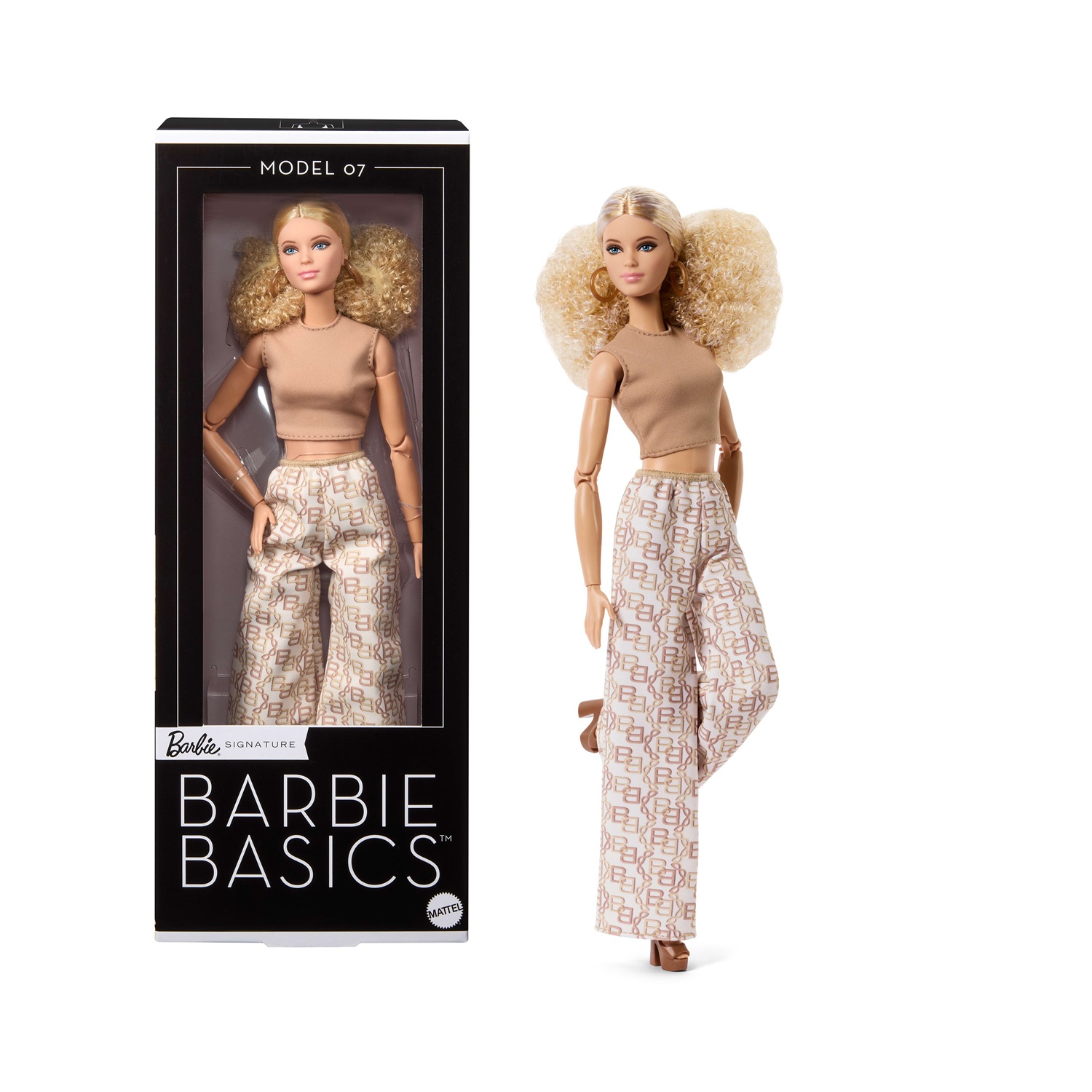 Barbie Basics - Bambola da Collezione Fashion Doll 07 con Capelli Biondi, Pantaloni Bianchi Stampati e Corpo Snodabile