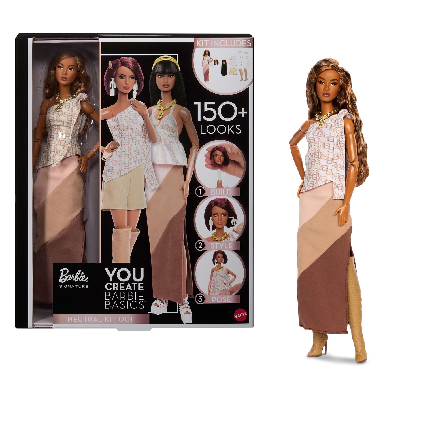 Barbie Basics You Create Neutral Kit 001 - Bambola personalizzabile con corpo snodato, due teste intercambiabili, quattro abiti e otto accessori, 6 anni