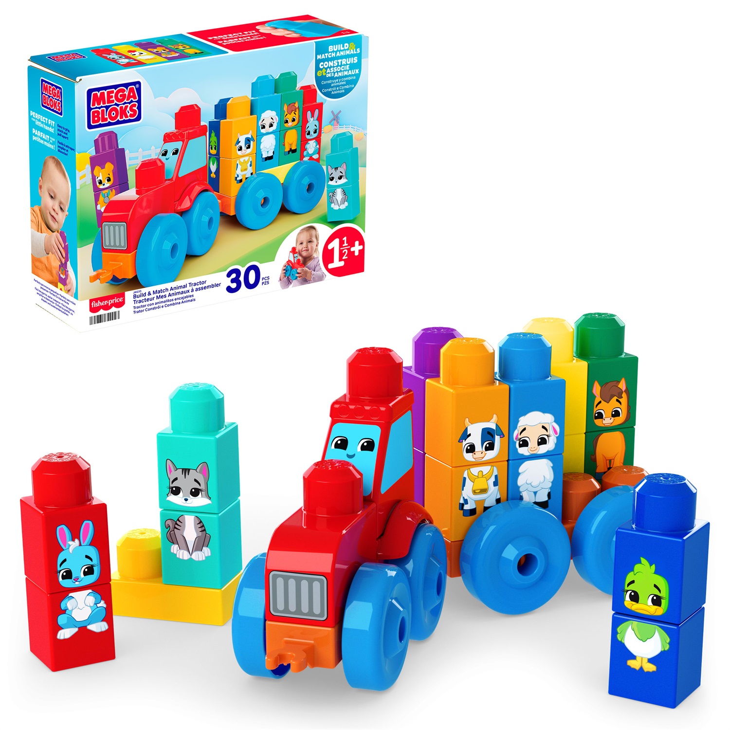 MEGA Bloks Trattore degli Animali - Set di costruzione con 30 blocchi per imparare colori e animali, 8 amici della fattoria, 1 anni