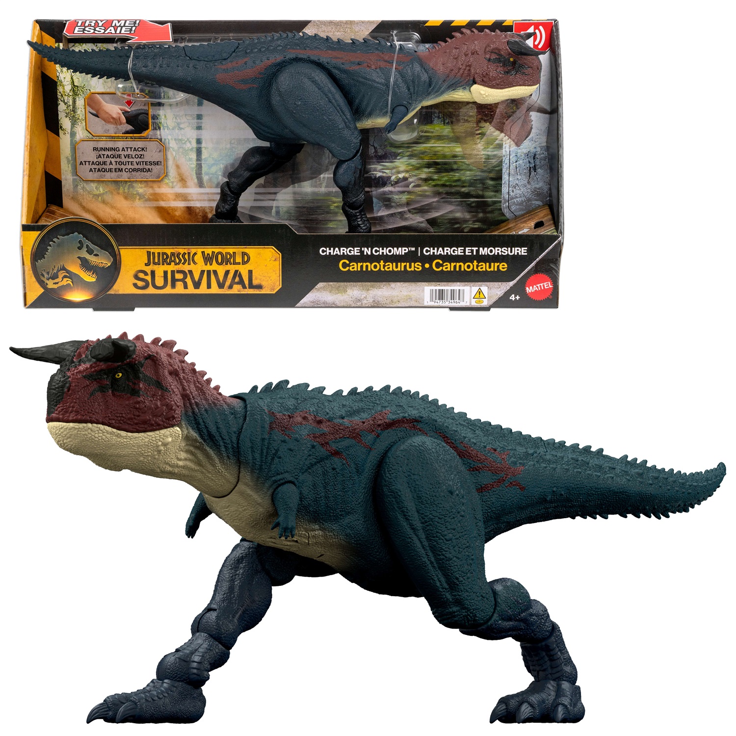 Mattel Carnotauro Charge 'N Chomp - Dinosauro con ruggiti, azione carica e divora, per bambini 4 anni