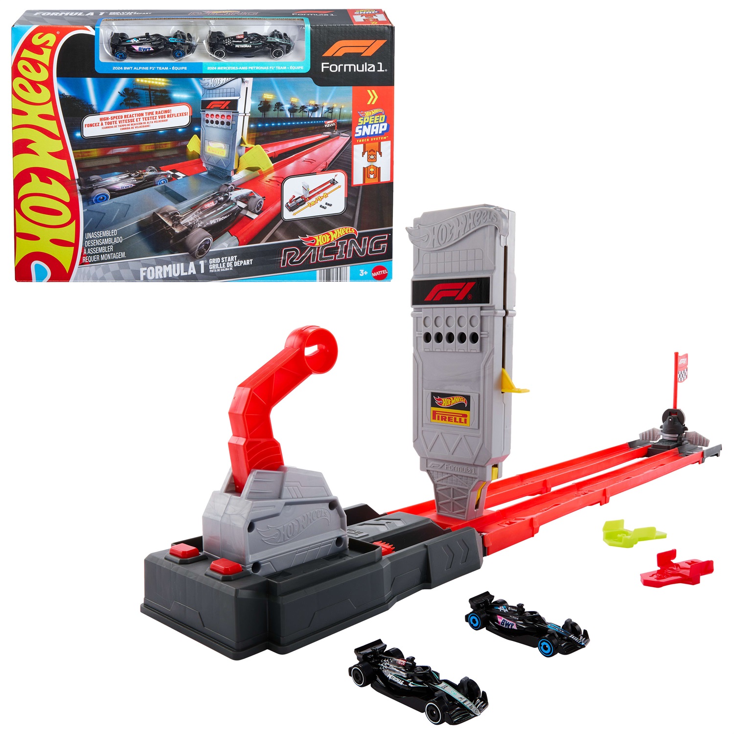 Hot Wheels - Set Pista Formula 1 Griglia di Partenza con 2 Auto, Torre di Partenza e Bandiera a Scacchi