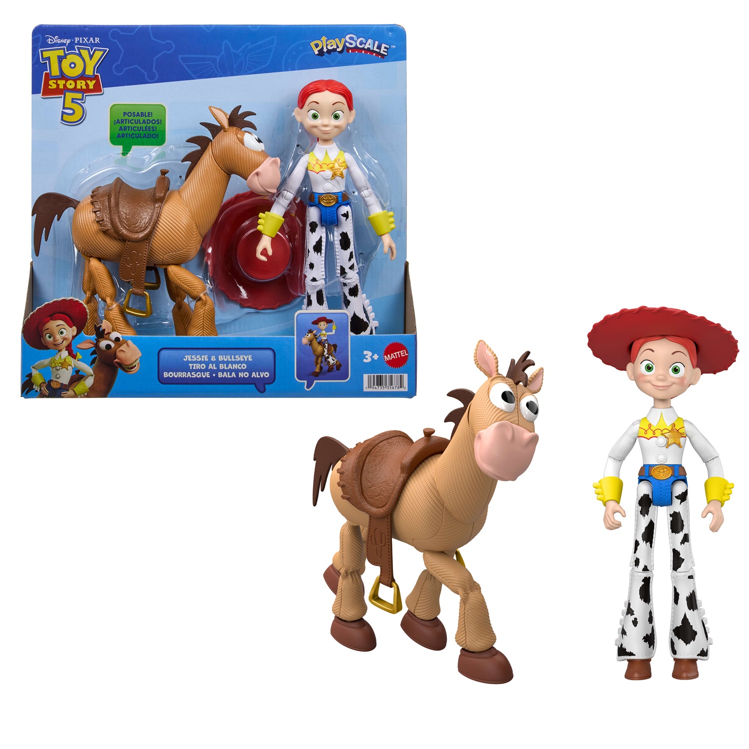 Mattel Toy Story 5 - Set di 2 Action Figures Jessie e Bullseye (18cm) con Cappello Rimovibile, Design Fedele al Film, Età 3
