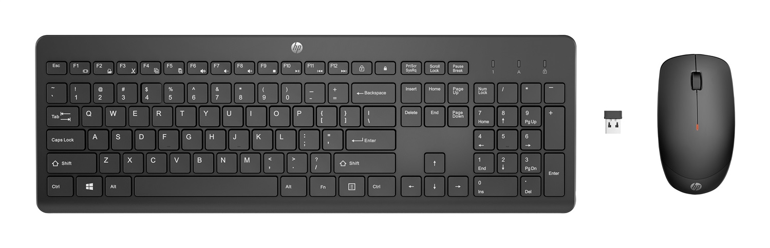 HP Combo Tastiera e Mouse Wireless 230 - Full-size, Digitazione Silenziosa, 1600 DPI, Tasti Scelta Rapida, Dongle USB-A 2,4 GHz, Nero