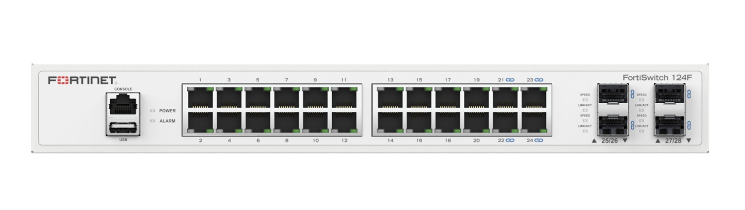 Fortinet FortiSwitch 124F - Switch Gestito L2 con 24 Porte Gigabit Ethernet e 4 Porte SFP , Design Senza Ventola, 1U Bianco