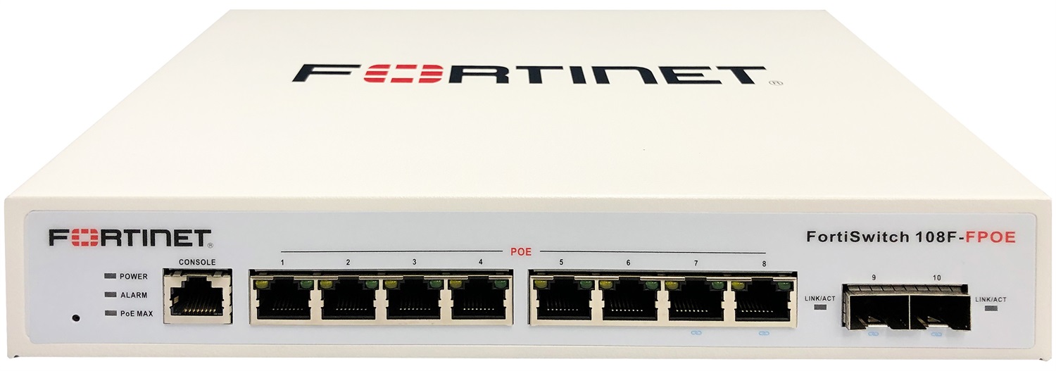 Fortinet FortiSwitch 108F-FPOE - Switch L2 Gestito con 8 Porte Gigabit Ethernet, 2 Porte SFP, 1 Porta PoE e Power Budget di 130W - Montaggio Rack - Bianco