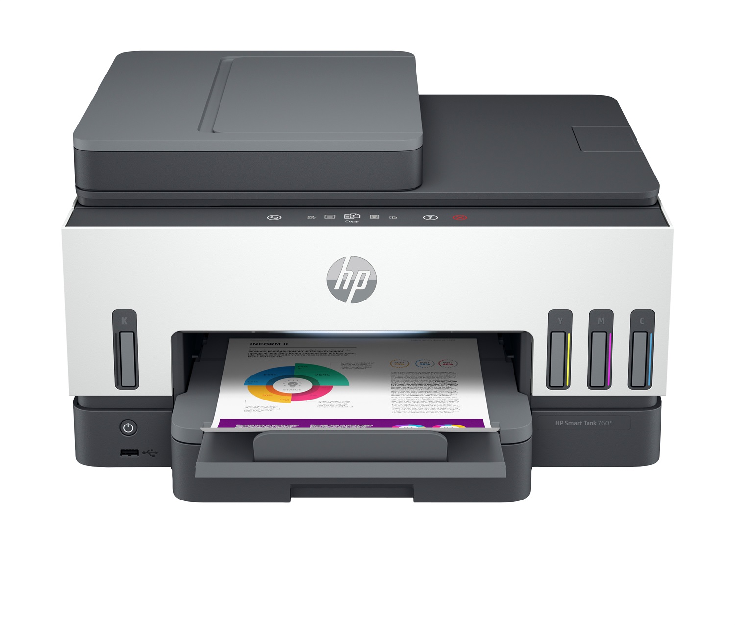 HP Smart Tank 7605 - Stampante Multifunzione A4, Colore, Wi-Fi, Stampa, Copia, Scansione, Fax, ADF 35 fogli, Fronte/Retro, 4800 x 1200 DPI, 15 ppm