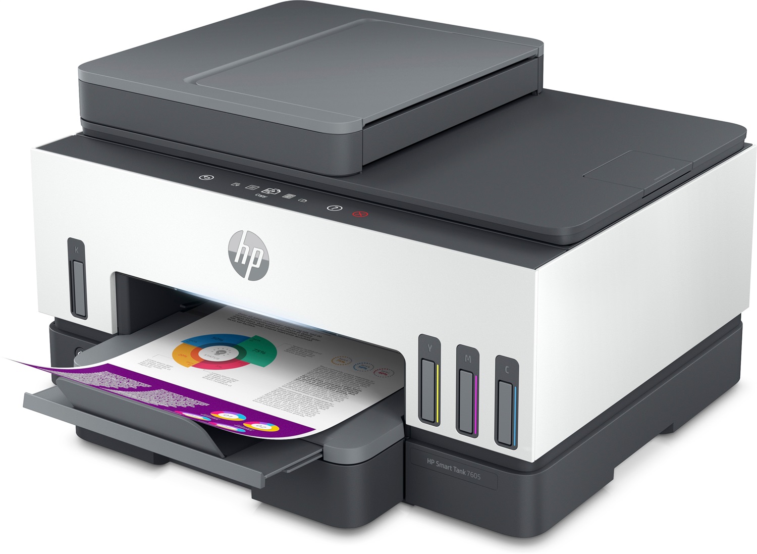 HP Smart Tank 7605 - Stampante Multifunzione A4, Colore, Wi-Fi, Stampa, Copia, Scansione, Fax, ADF 35 fogli, Fronte/Retro, 4800 x 1200 DPI, 15 ppm